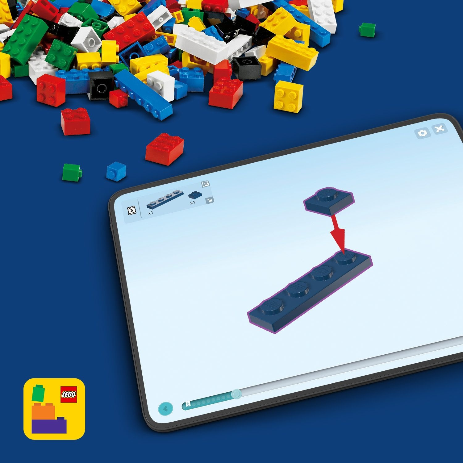L'immagine mostra mattoncini Lego e un tablet con istruzioni di montaggio. Vari mattoncini colorati sono sparsi.