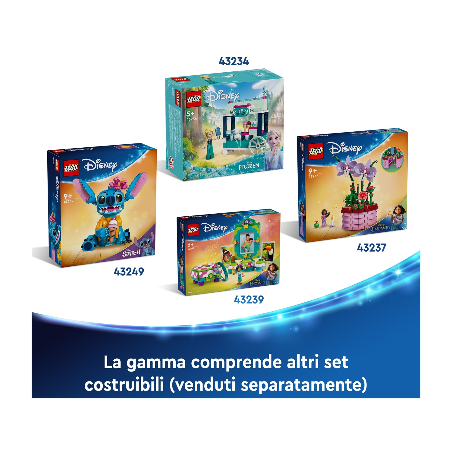 Quattro scatole LEGO Disney: set di Stitch, Frozen, Encanto. Testo in basso: La gamma comprende altri set costruibili (venduti separatamente).