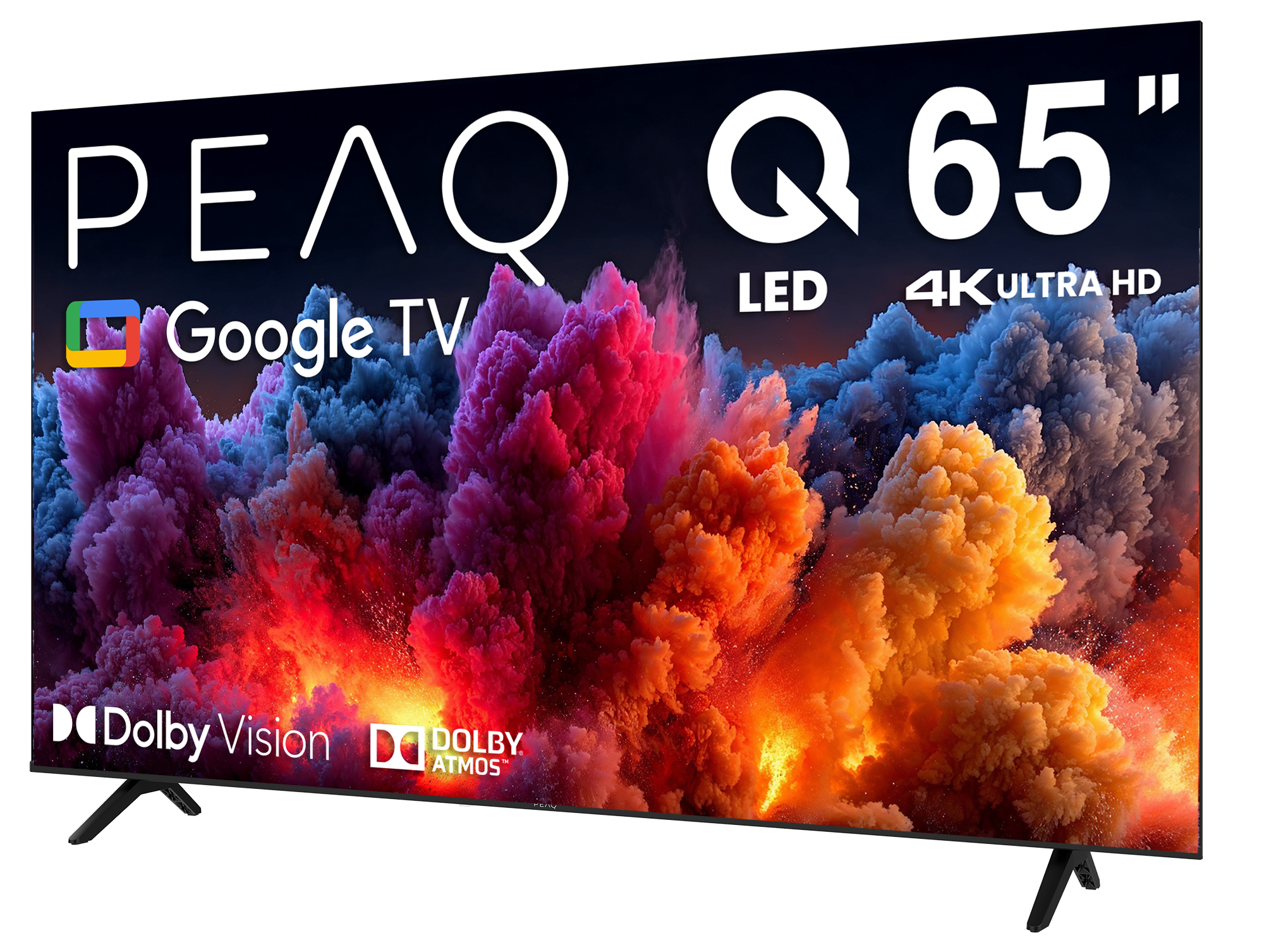 65 inç PEAQ Q LED 4K Ultra HD Google TV. Mor, kırmızı ve turuncunun renkli bir patlamasını, Dolby Vision ve Atmos ile görüntüler.