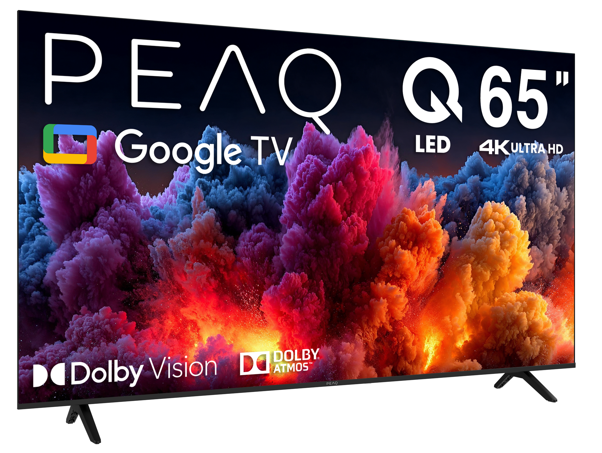 PEAQ Q65" LED 4K Ultra HD Google TV. Renkli, soyut bulut benzeri şekiller. Dolby Vision ve Atmos. Siyah ayaklık.