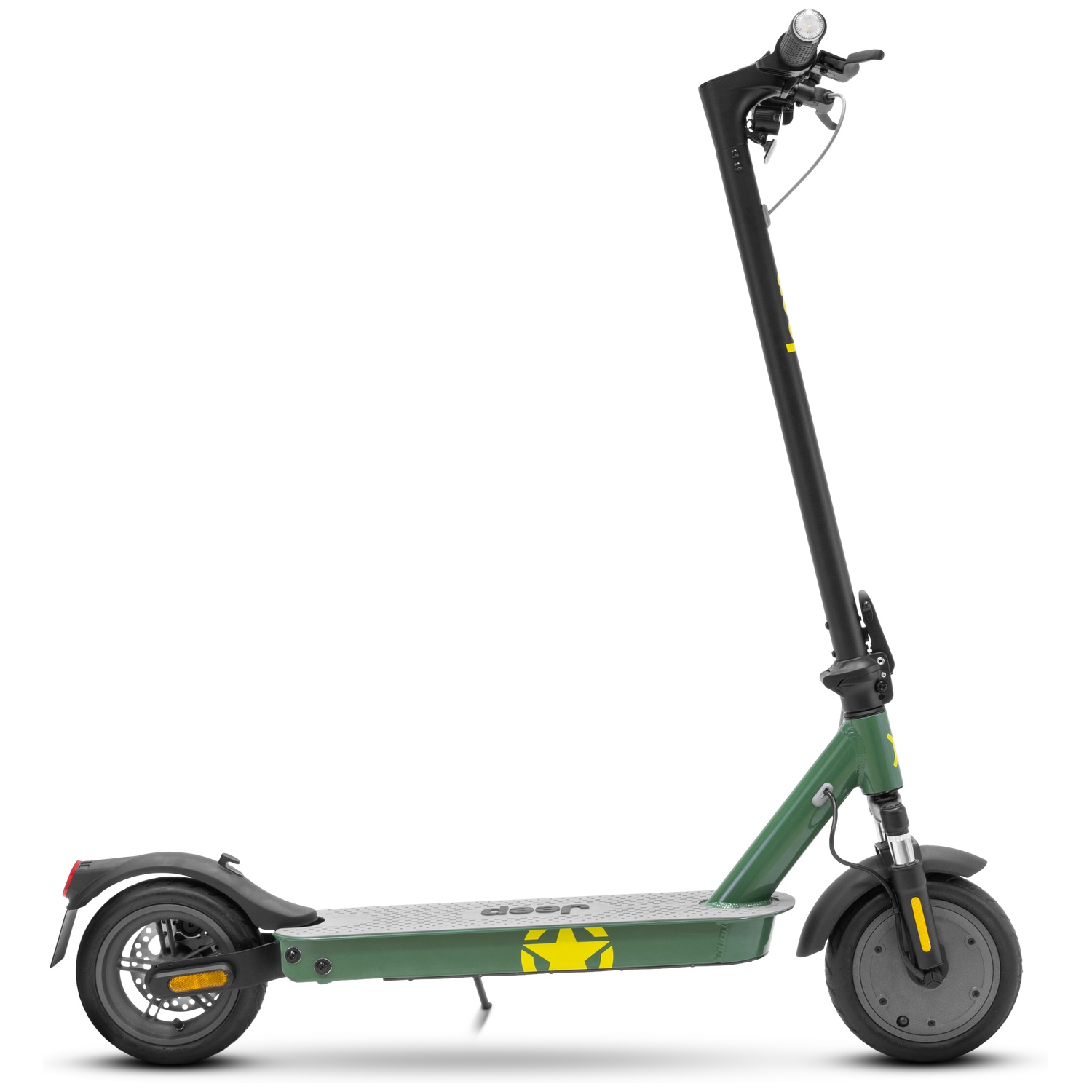 Green electric scooter on white background. Features black handlebar, yellow star logo, and gray deck. Rear tire is visible.