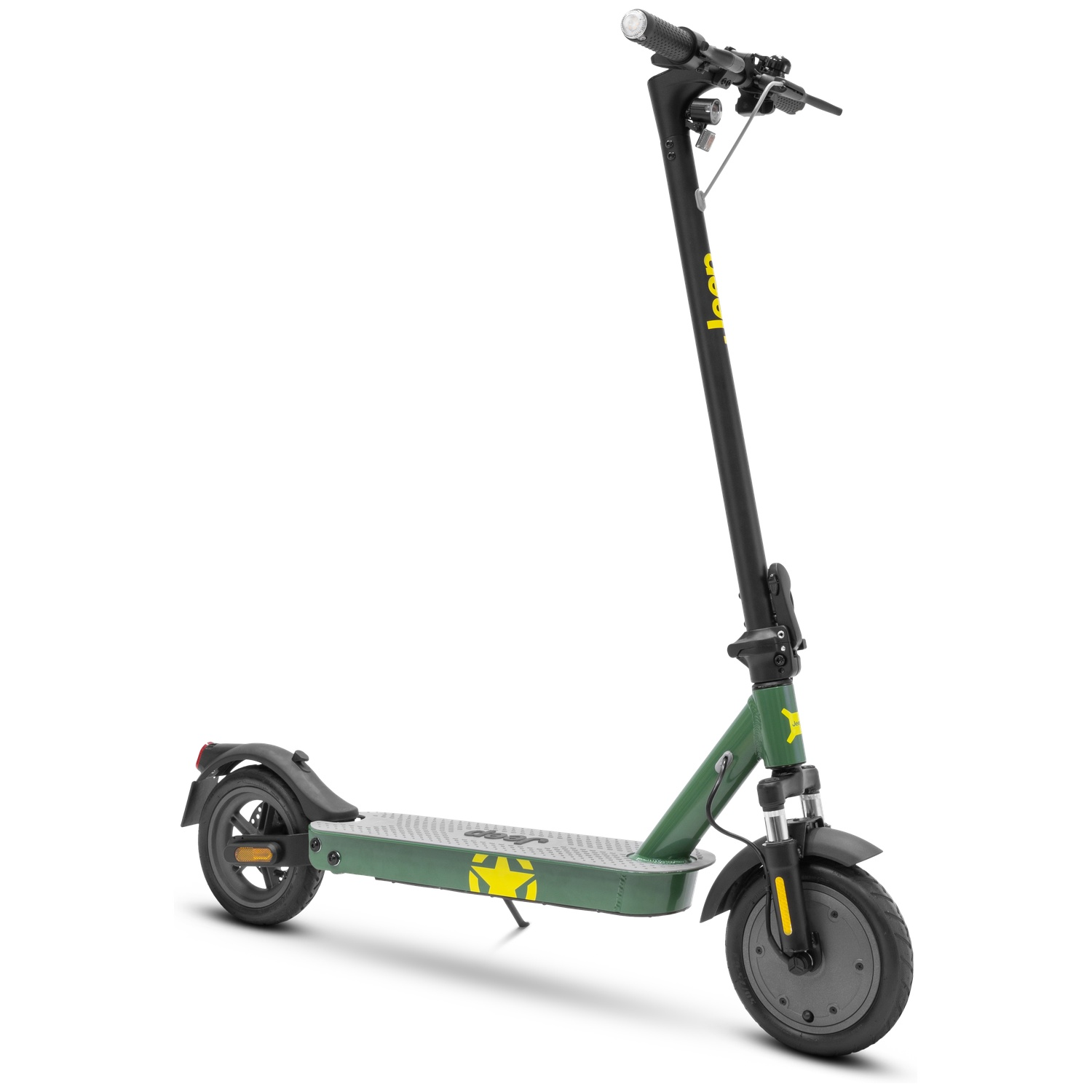 Green and black electric scooter on white background. Yellow star logo and text. Front and rear wheels visible, handle bars and deck.