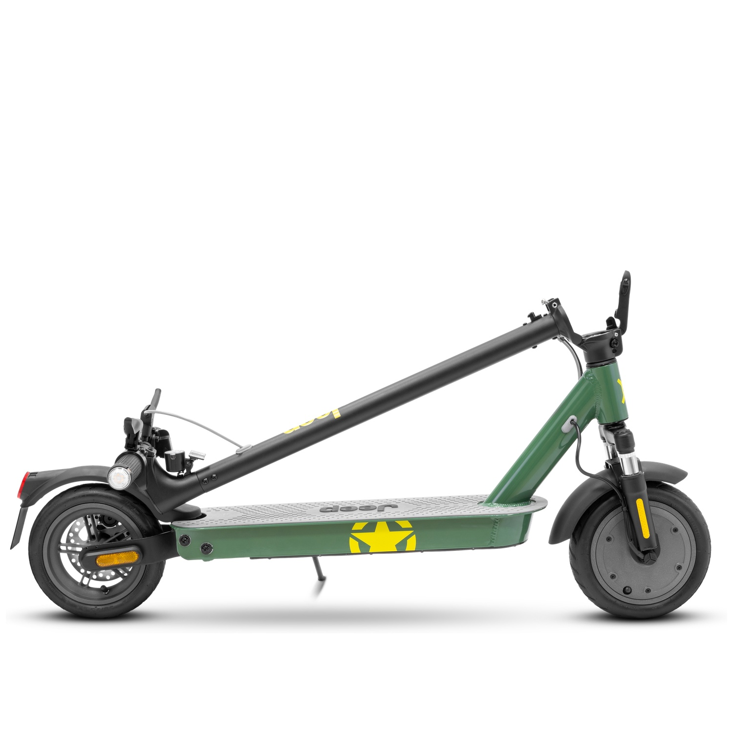 Green and black electric scooter on a white background. It has a yellow star logo and the word 'jeep'.