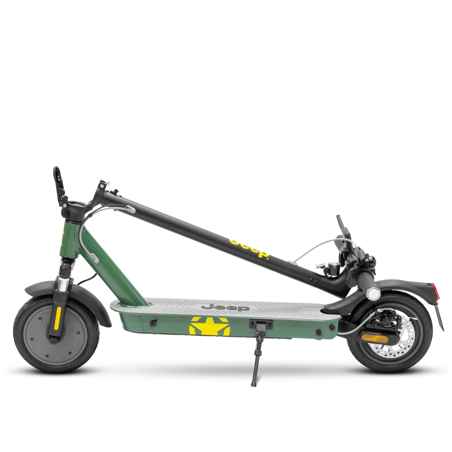 Green and black Jeep electric scooter. It has a yellow star logo and is on a white background.