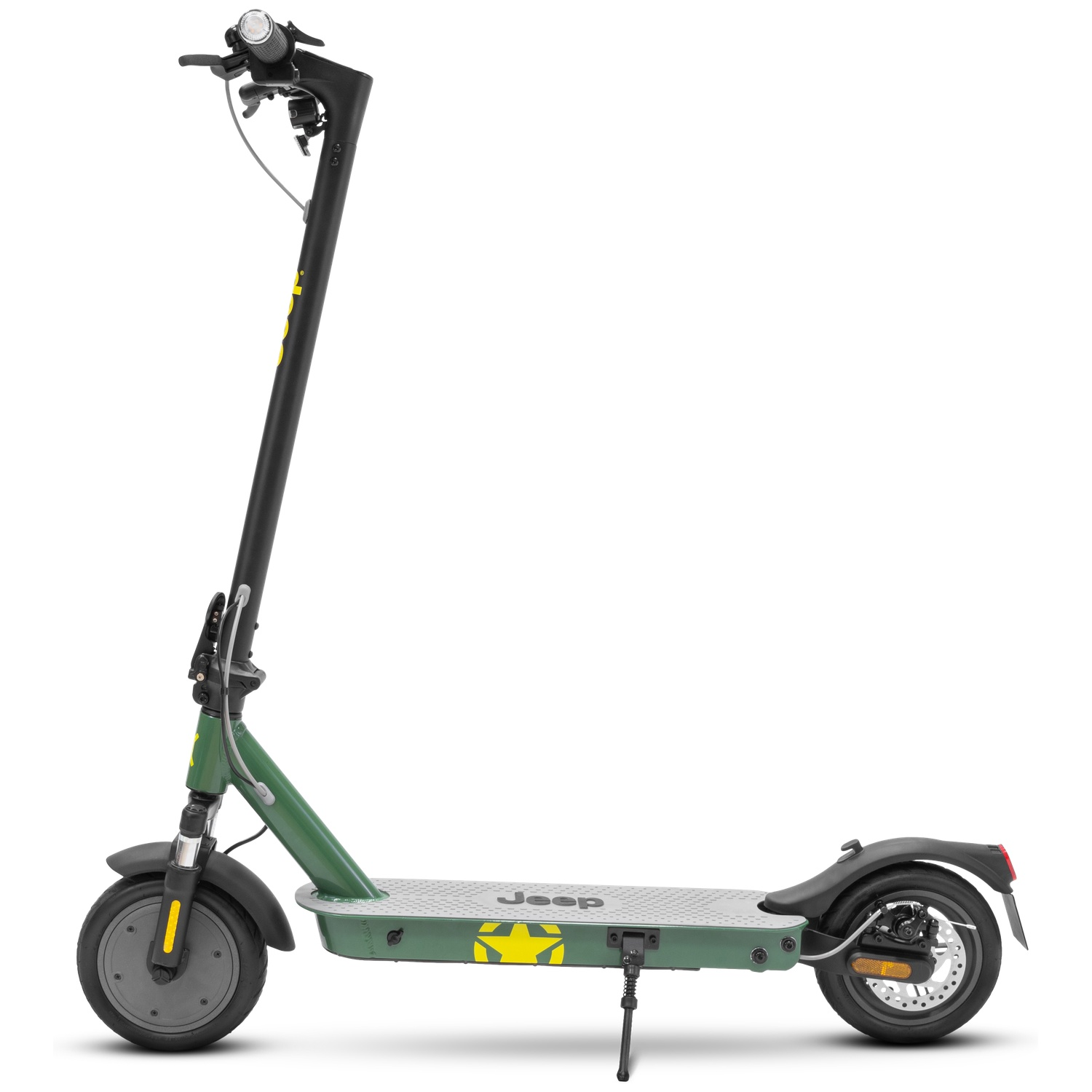 Green and black Jeep electric scooter. Features a black handlebar, a green frame, and a grey deck. Yellow star logo is visible.