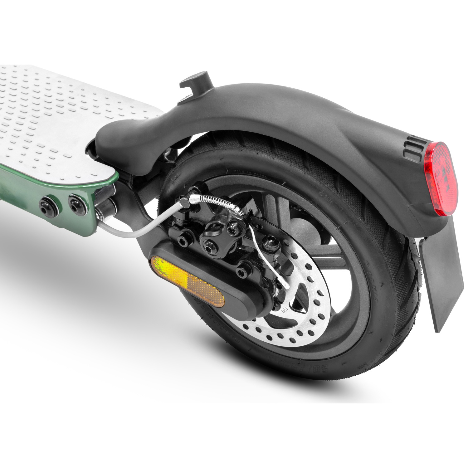 Close-up of an electric scooter's rear wheel. Black tire, disc brake, and a red reflector. Green deck and black fender.