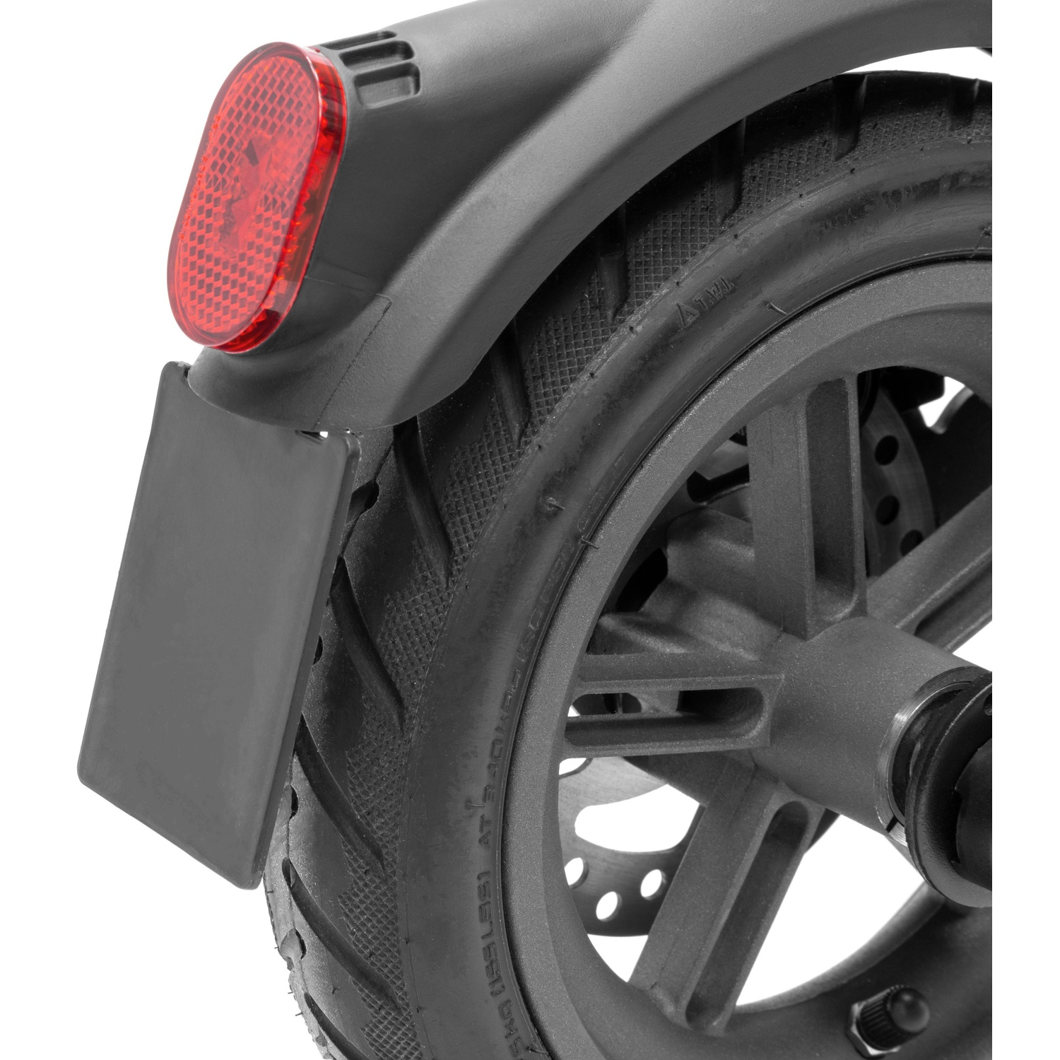 Close-up of a scooter's rear wheel, tire, and fender. Includes a red reflector and a black license plate holder.