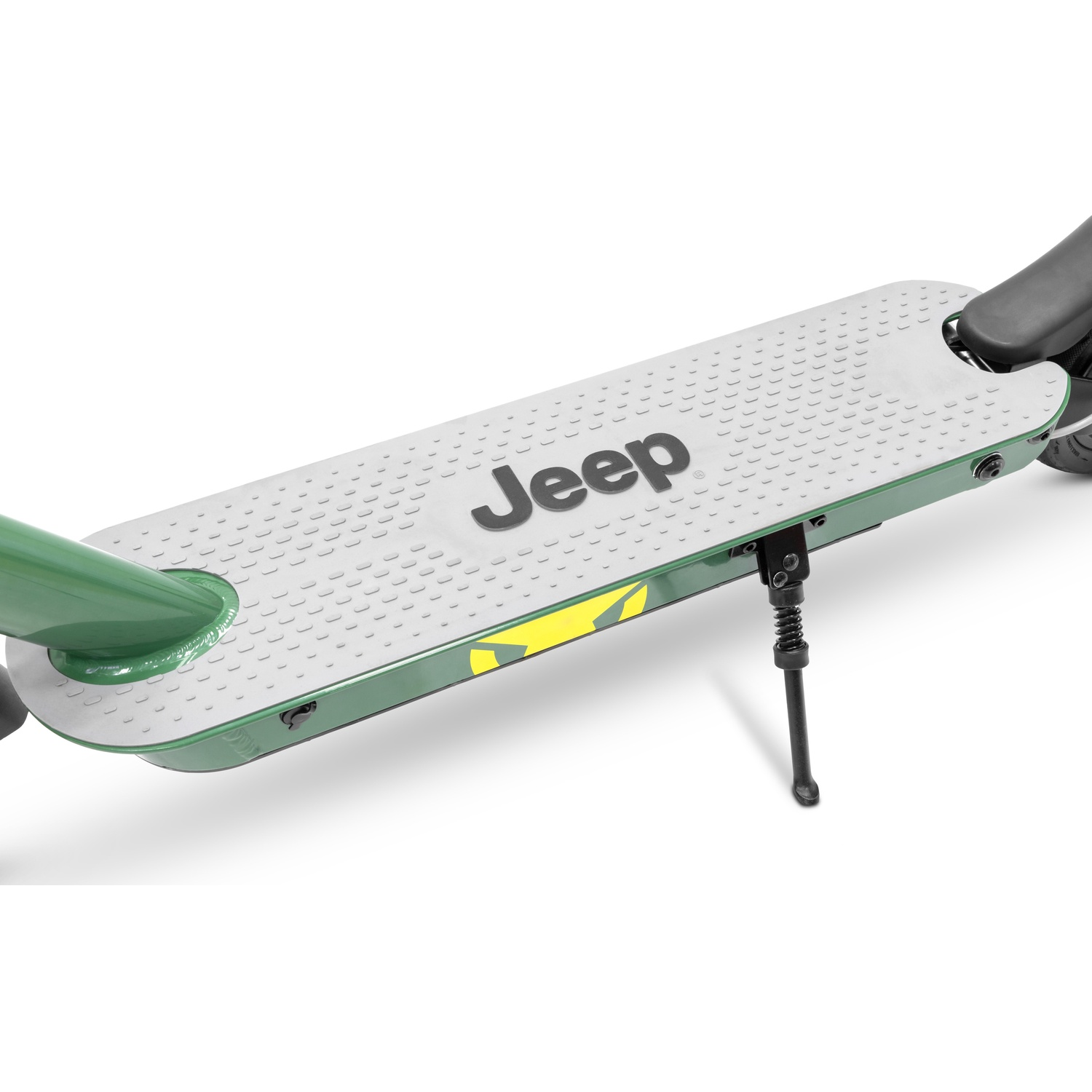 Green Jeep electric scooter on white. It has a white footboard with Jeep logo. The kickstand is black and extended.