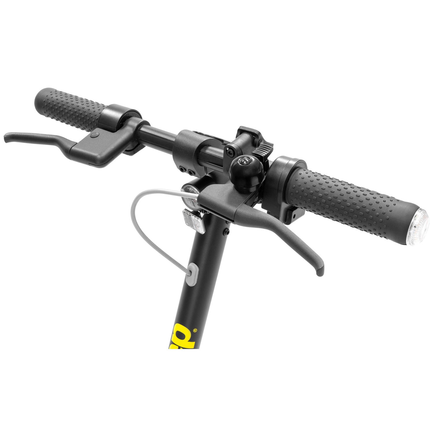 Close-up of a black scooter handlebar with textured grips, brake levers, a bell, and a light. The background is white.