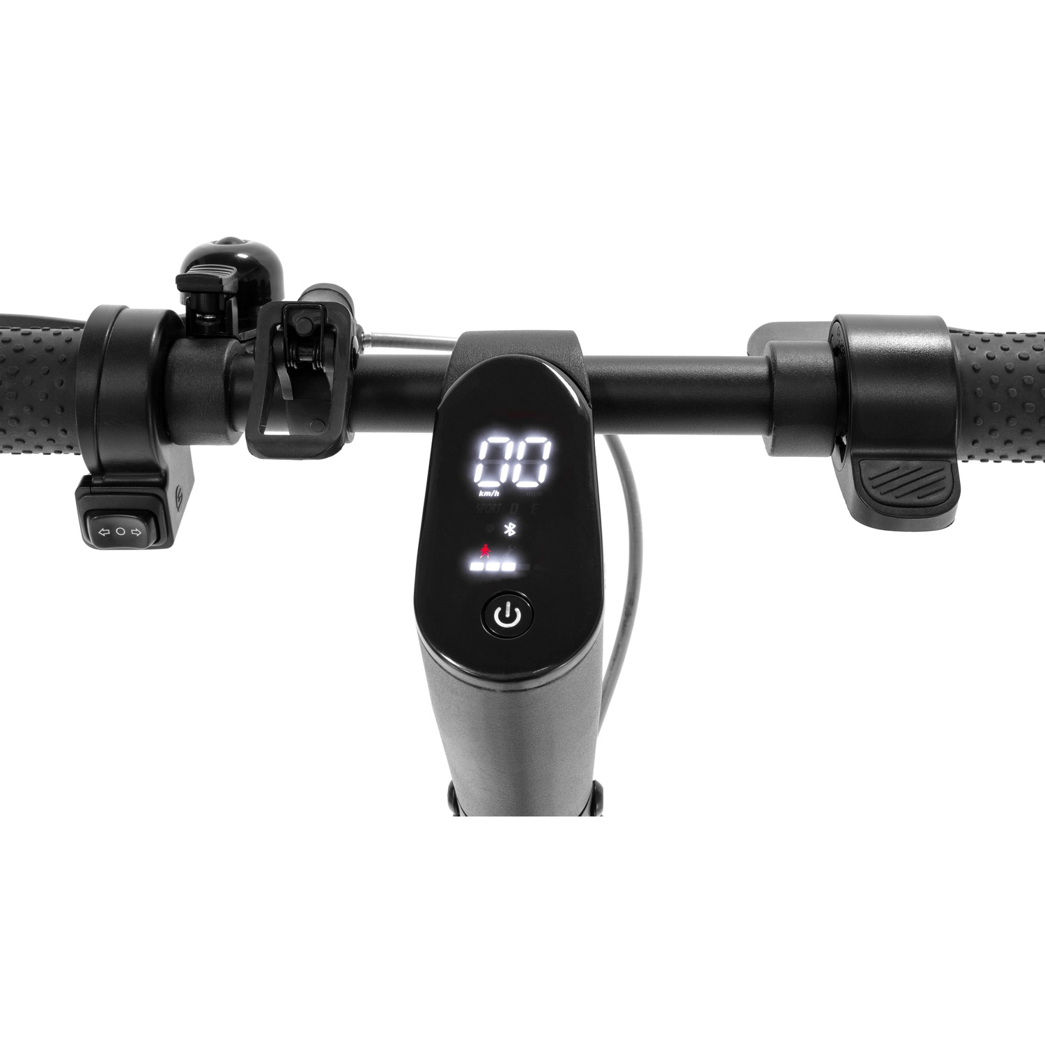 Close-up of e-scooter handlebars. Features a digital display showing speed, a bell, and control buttons. Black and white color scheme.