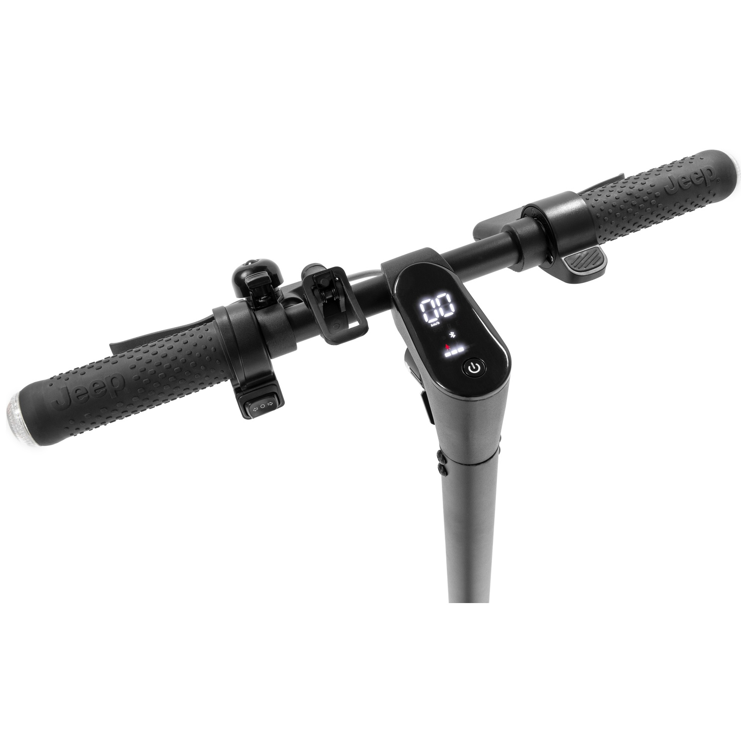 Close-up of a black electric scooter handlebar. It has the Jeep logo, a digital display showing '00', and hand grips.