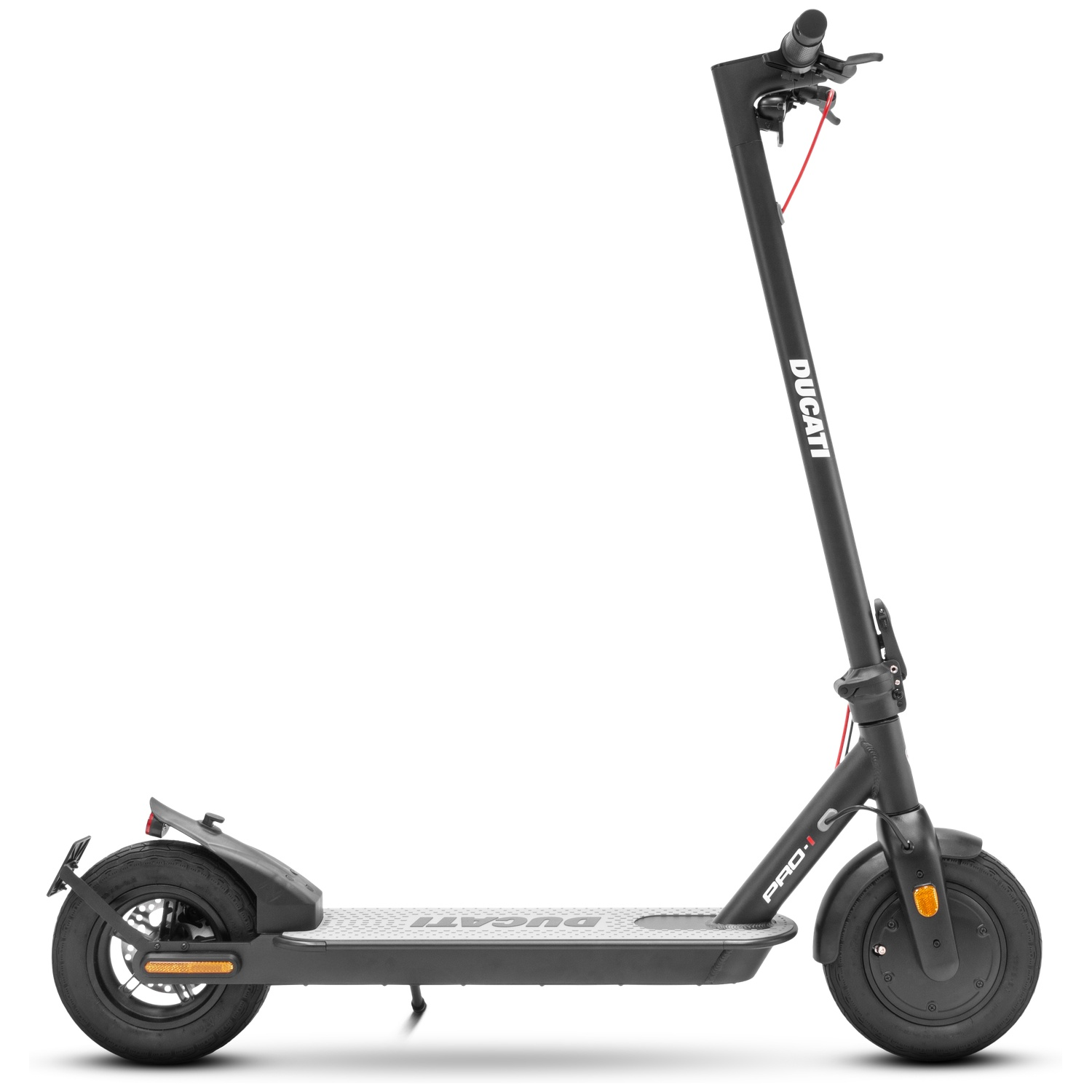 A black Ducati Pro-I electric scooter. It has a black frame, wheels, and handlebar. The brand name is visible on the stem.