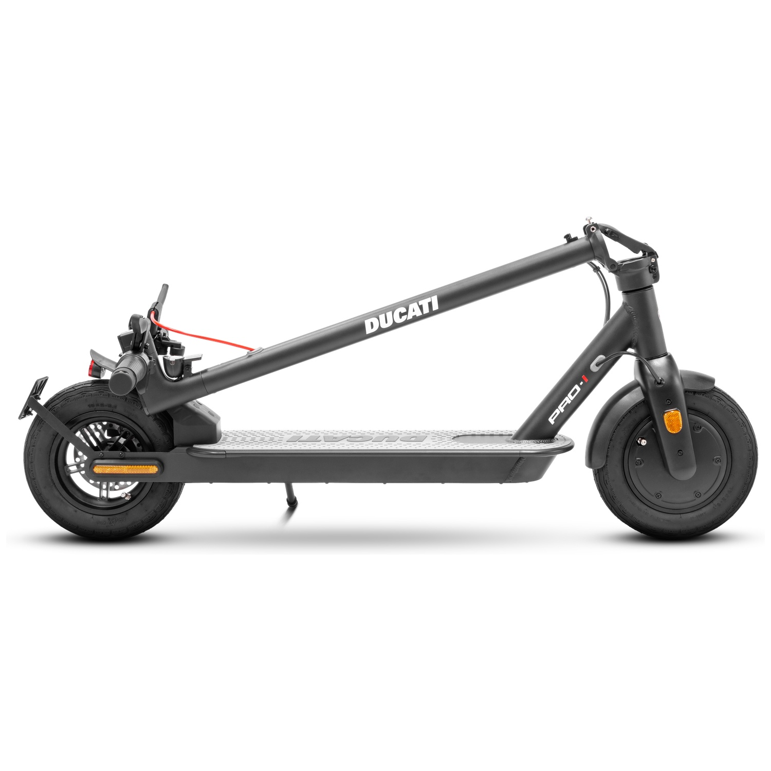 A black Ducati electric scooter is shown in profile against a white background. It has a foldable design and a silver footboard.