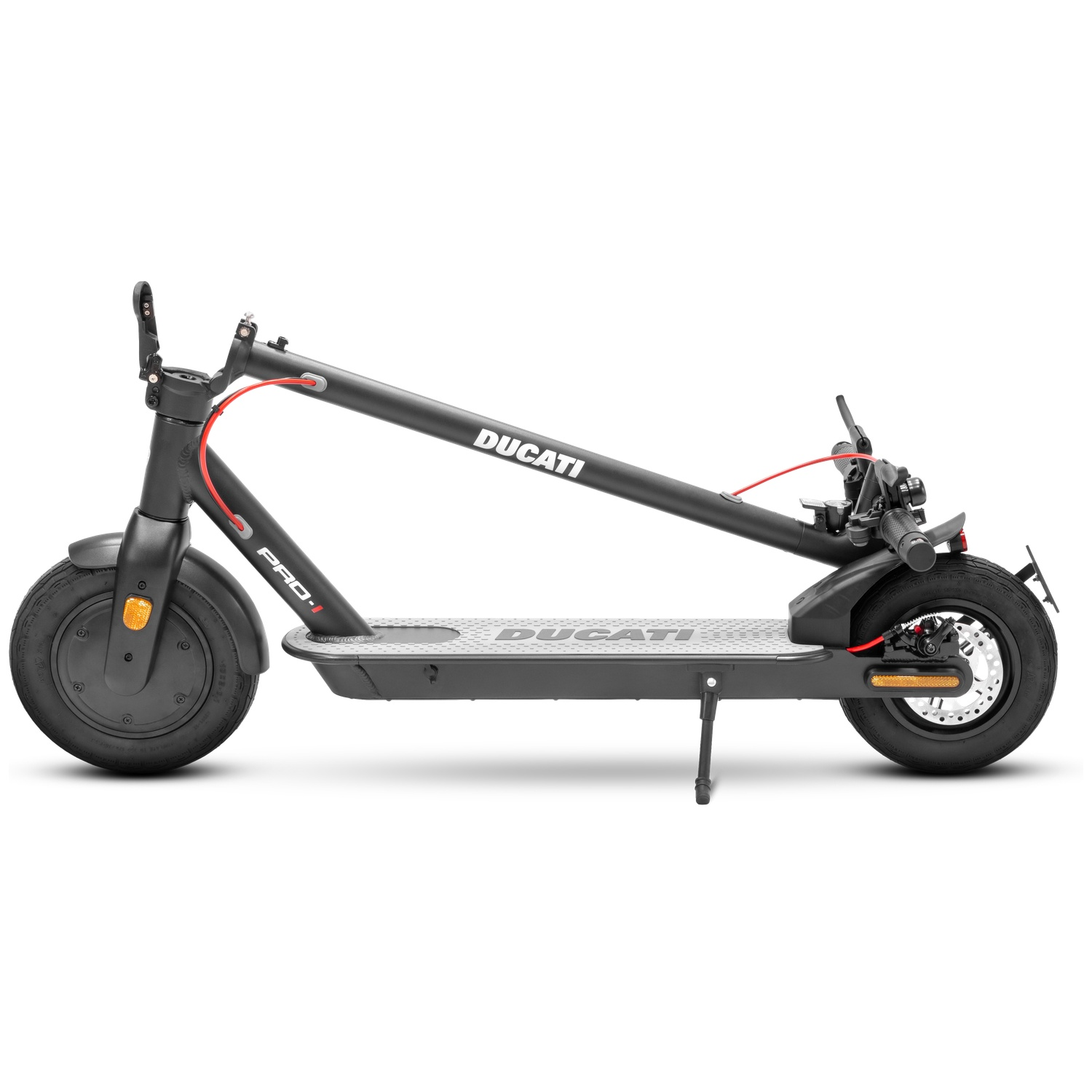 A black Ducati Pro-I electric scooter is on a white background. It has a red cable and a silver footboard. The brand name is visible.