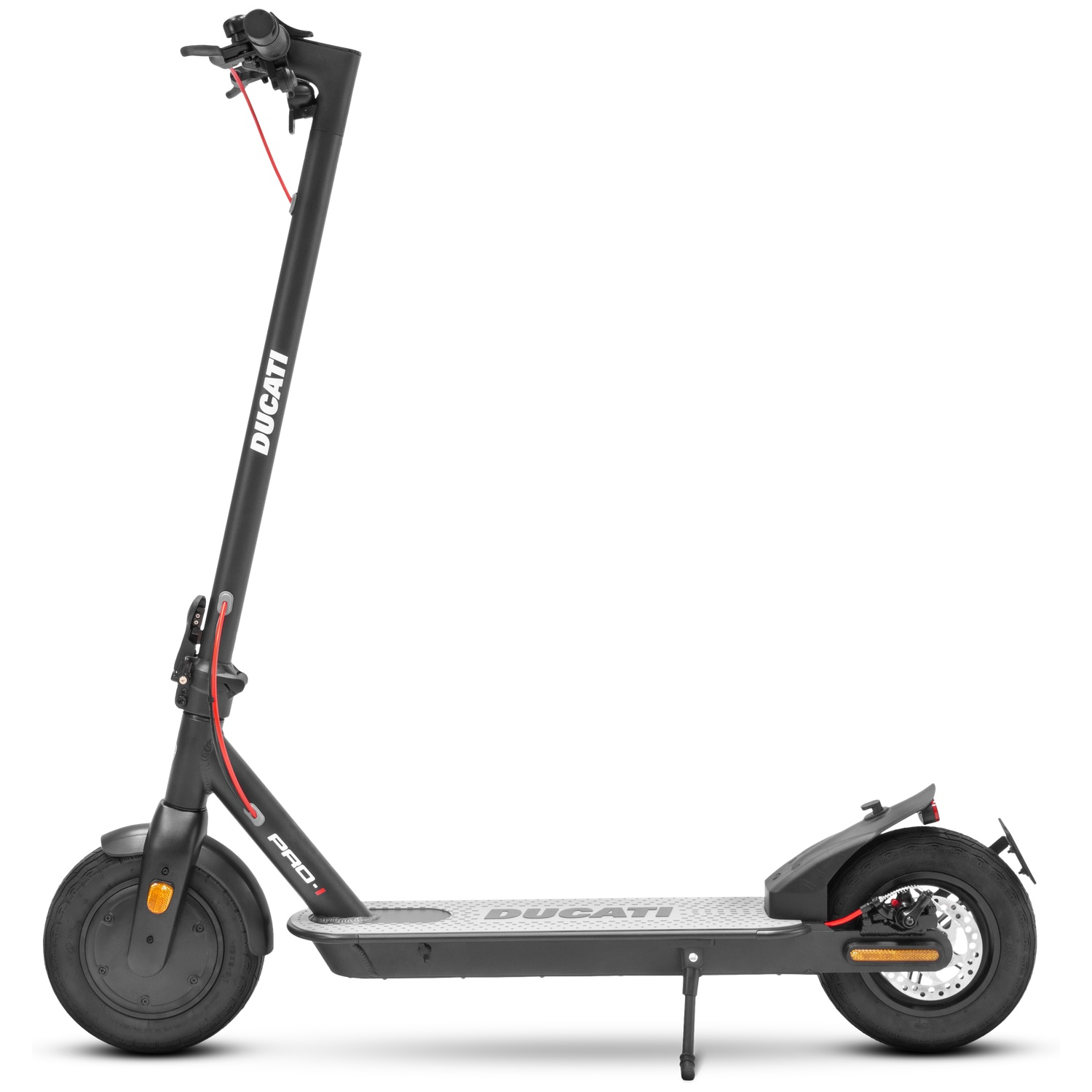 Black Ducati PRO-I electric scooter on white. Features include a red cable, Ducati logo, and a kickstand.