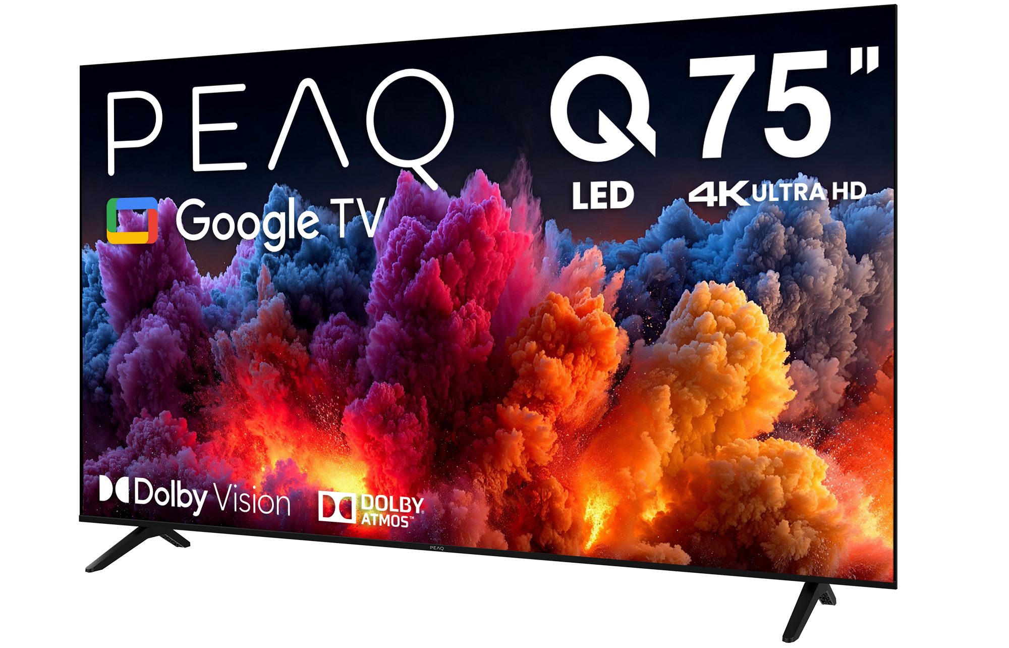 PEAQ Q75" LED 4K Ultra HD Google TV. Ekranda Dolby Vision ve Atmos logolarıyla renkli soyut bir arka plan gösteriyor.