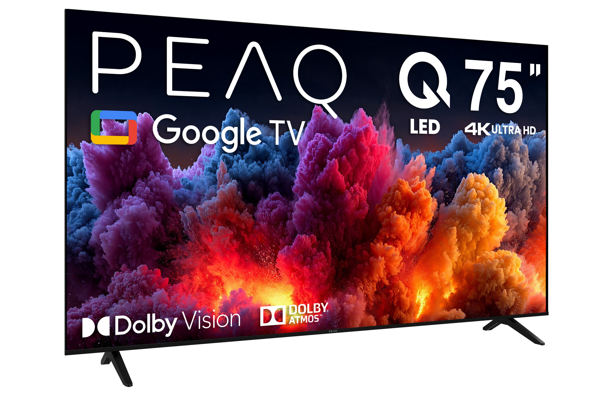 PEAQ Q75" Google TV. LED 4K Ultra HD. Renkli soyut arka plan. Dolby Vision ve Atmos logoları. Siyah TV ve siyah stand.