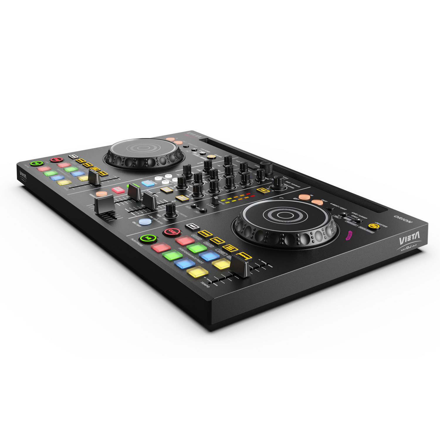 Una mesa de mezclas de DJ negra con varios botones, perillas y dos jog wheels se muestra sobre un fondo blanco. La marca es Vieta.