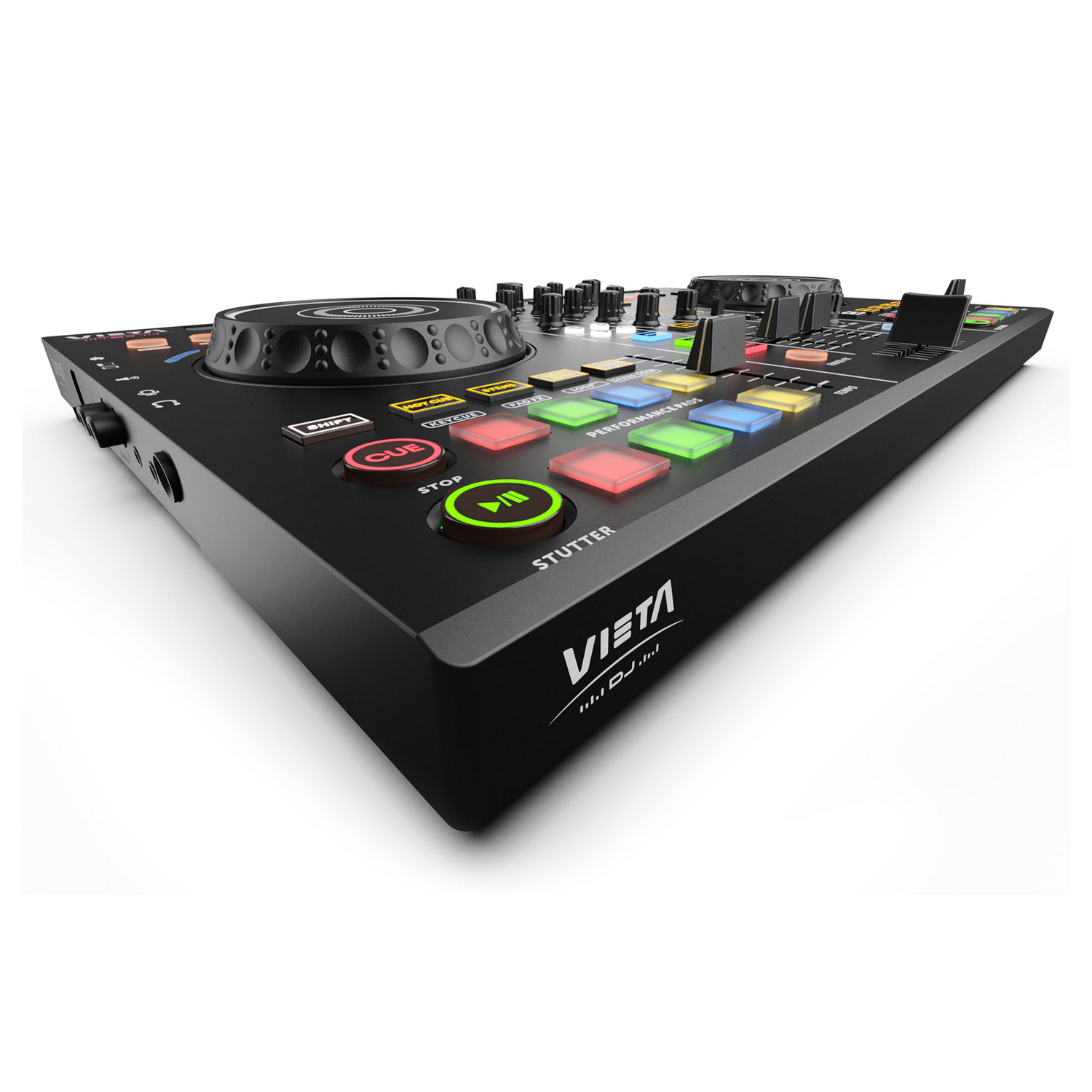 Controlador DJ negro con perillas, botones y una rueda central. Se ven pads coloridos y un logo VISTA.
