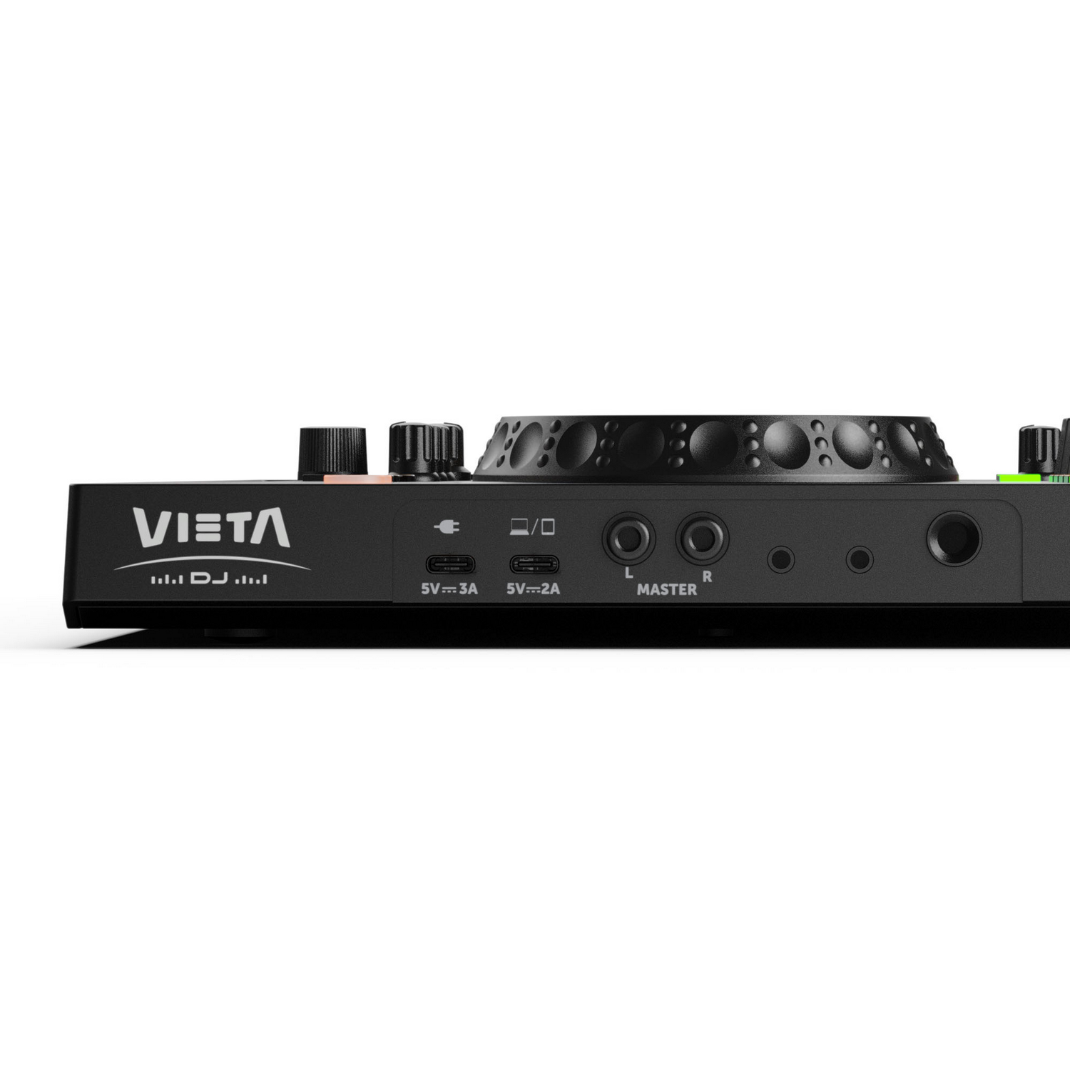 Controlador DJ negro con perillas, puertos y la marca 'VIETA'. Perillas y botones arriba, con puertos y entrada de energía abajo.