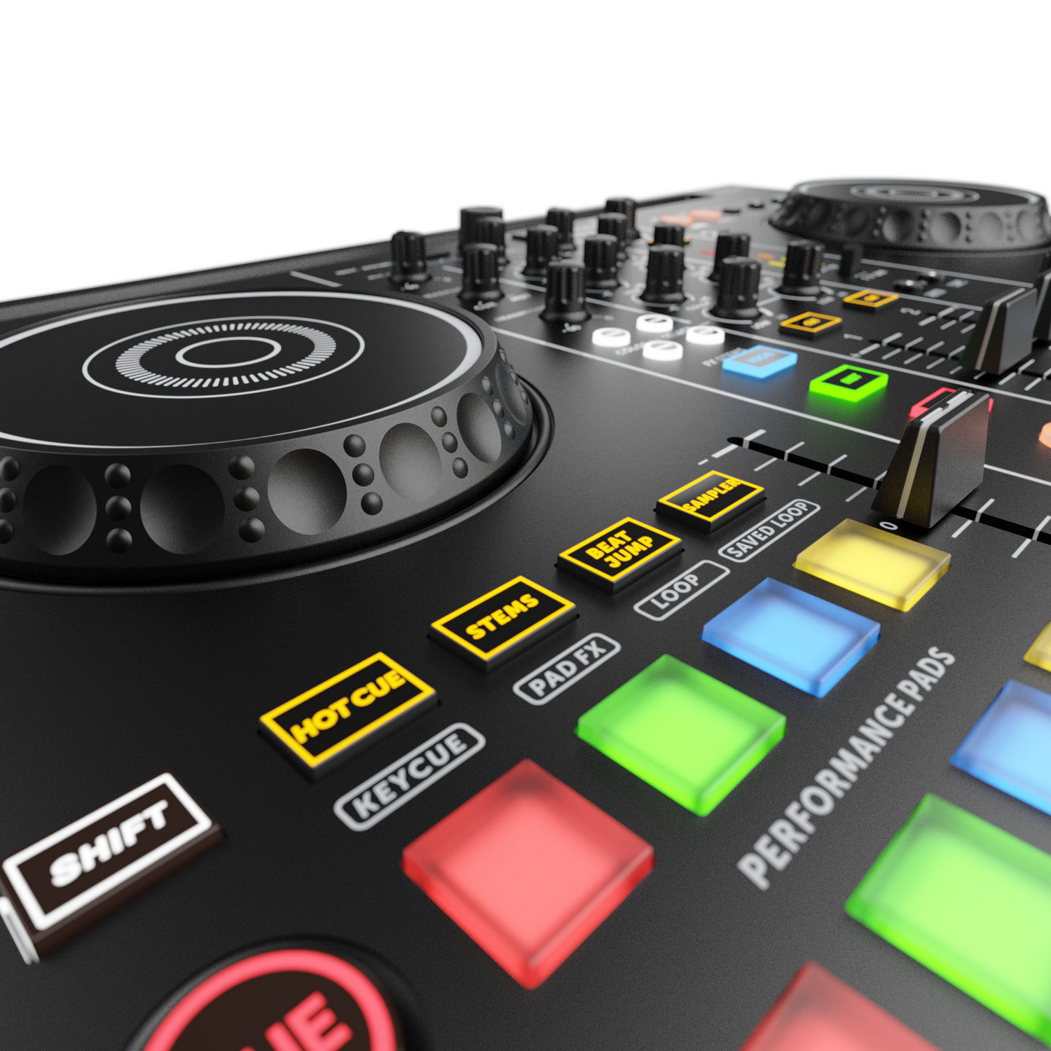 Primer plano de un controlador de DJ. Superficie negra con botones, perillas y pads en varios colores, incluyendo rojo, verde, azul y amarillo.