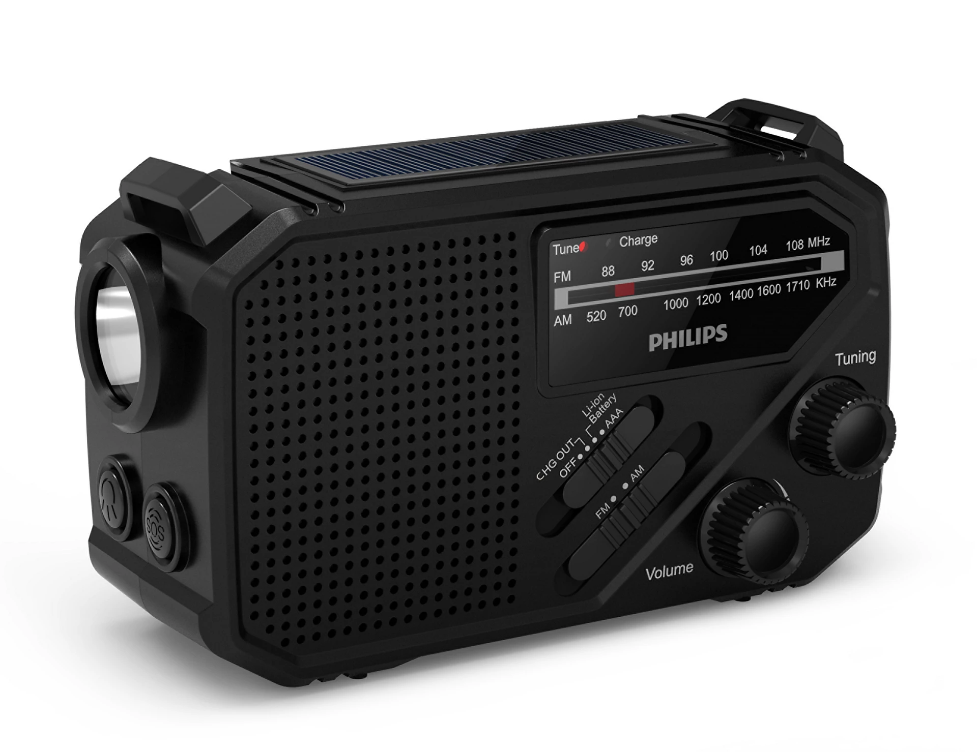 Radio de emergencia Philips negro con panel solar. Incluye linterna, dial de sintonización y control de volumen.