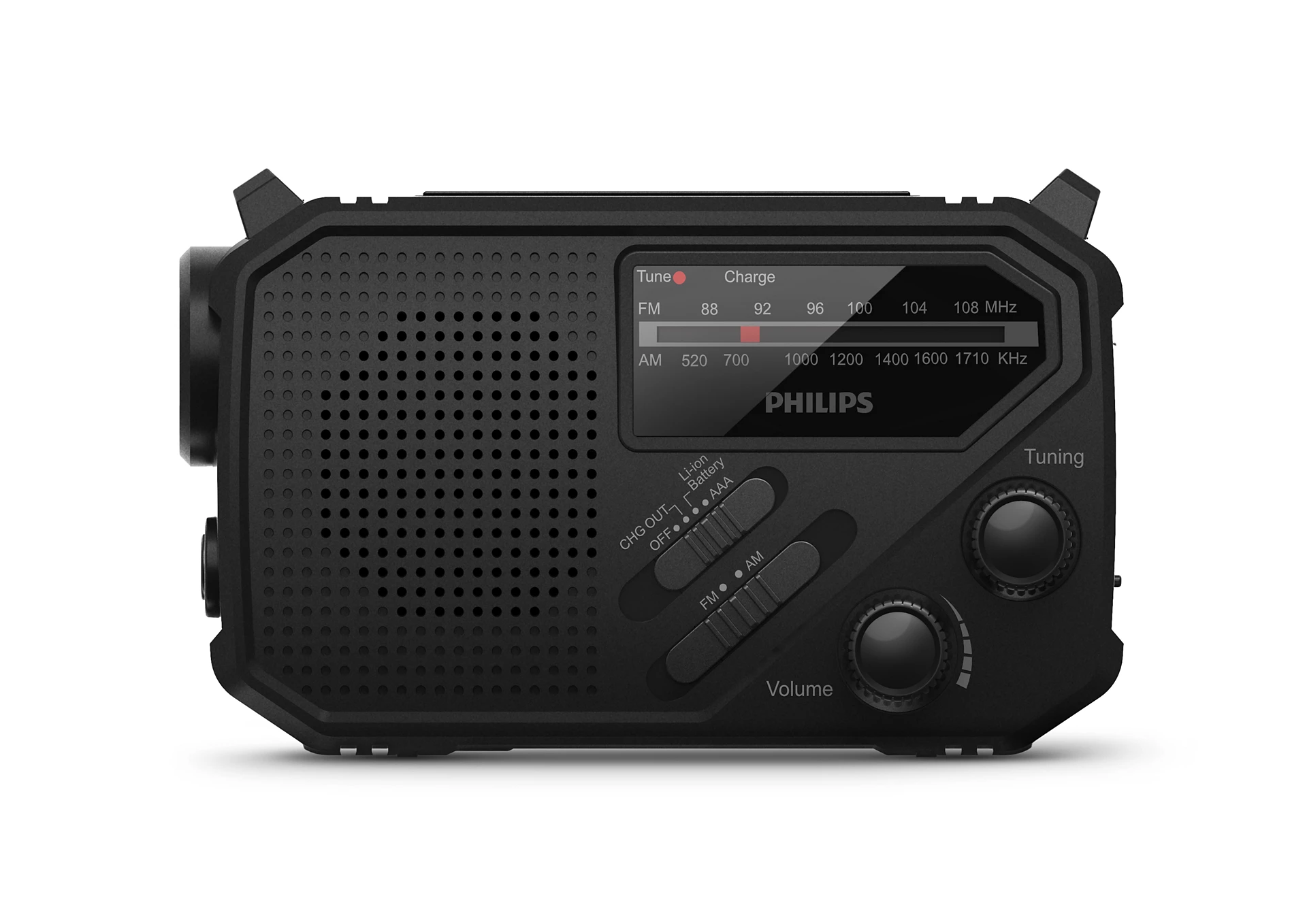 Radio Philips negro con mandos de sintonización y volumen, FM/AM e indicador de carga. Presenta altavoz y marca.