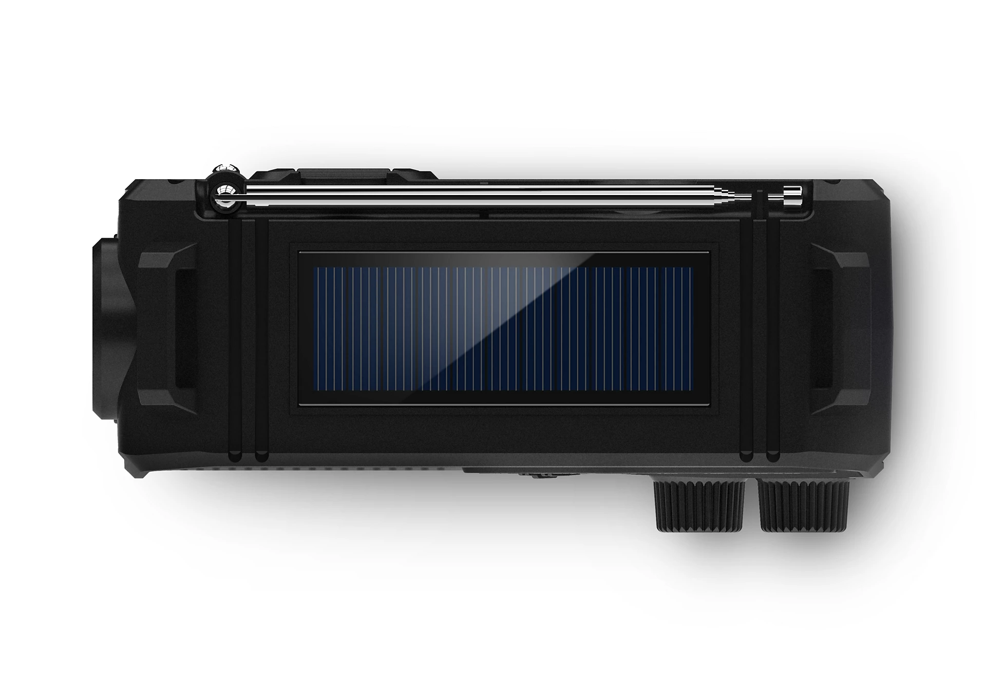 Radio negro con energía solar sobre fondo blanco. Tiene un panel solar, antena y dos perillas giratorias. Vista superior.