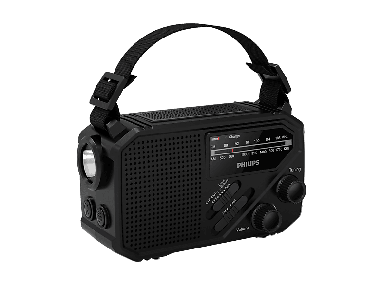 Radio portátil - Philips TAR1609/00, 1 W, Linterna, Recarga Solar, Cargador de Manivela, Sirena, Negro