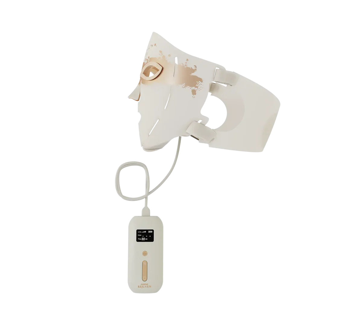 Una mascarilla facial blanca conectada a un dispositivo. La mascarilla tiene detalles beige. El dispositivo tiene pantalla y se ve la palabra Rejuven.