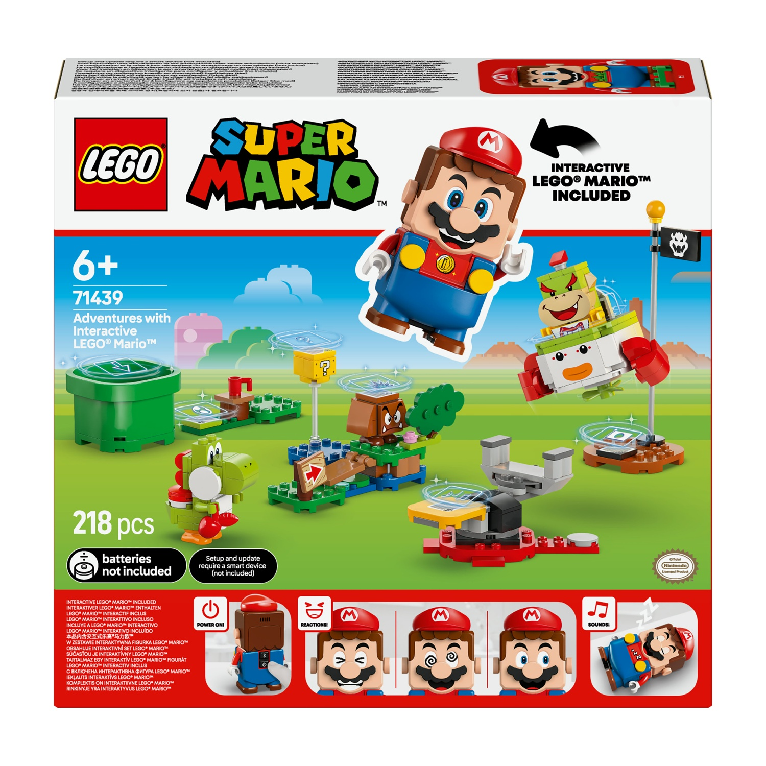 Set Lego Super Mario. Sono mostrati la figura di Mario, Yoshi, Bowser Jr. e altri elementi Lego.