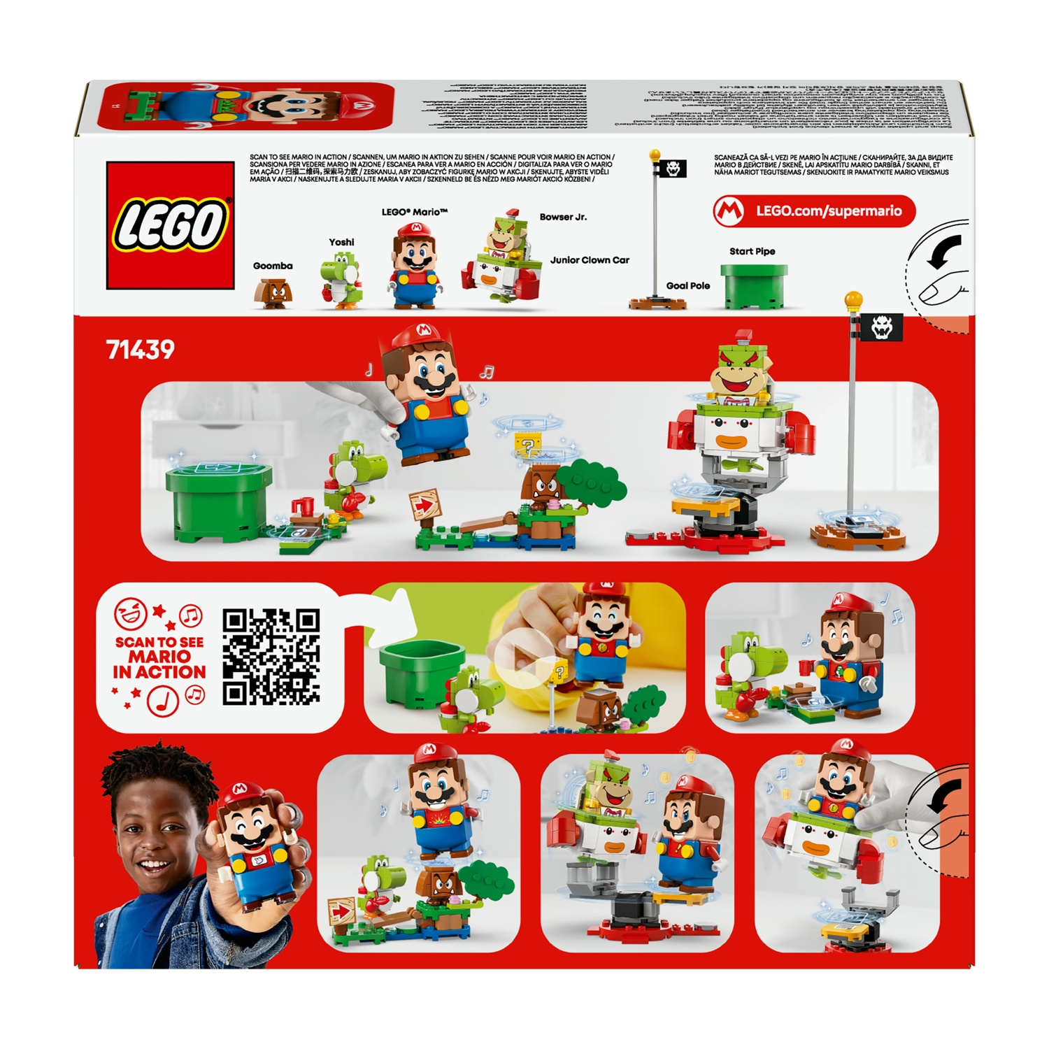 Scatola del set Lego Mario. Sono mostrati Mario, Yoshi, Goomba, Bowser Jr. e Junior Clown Car.