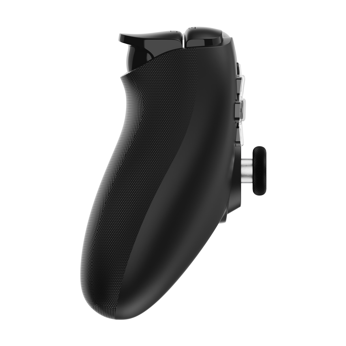 Ein schwarzer Gamecontroller wird von der Seite gesehen. Es hat einen strukturierten Griff, Knöpfe und einen kleinen, vorstehenden Controller. Der Hintergrund ist weiß.