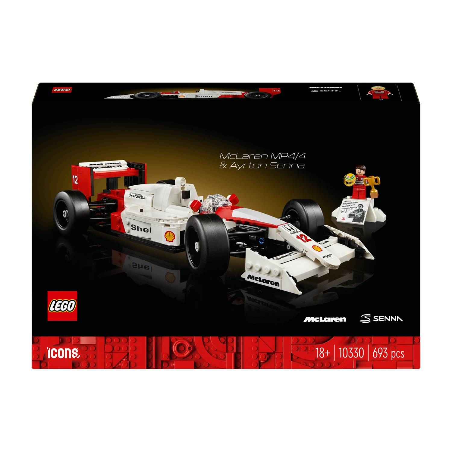 Un set in scatola Lego con una macchina da corsa McLaren bianca e rossa, una minifigure di Ayrton Senna e un trofeo. La scatola ha loghi.