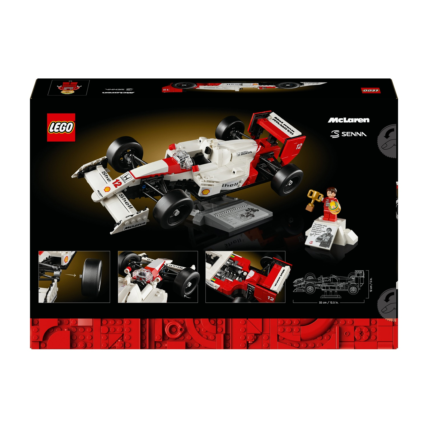 Scatola del modello Lego McLaren Senna. Un'auto da corsa bianca e rossa è al centro, una figura è accanto a un trofeo. Sfondo nero.