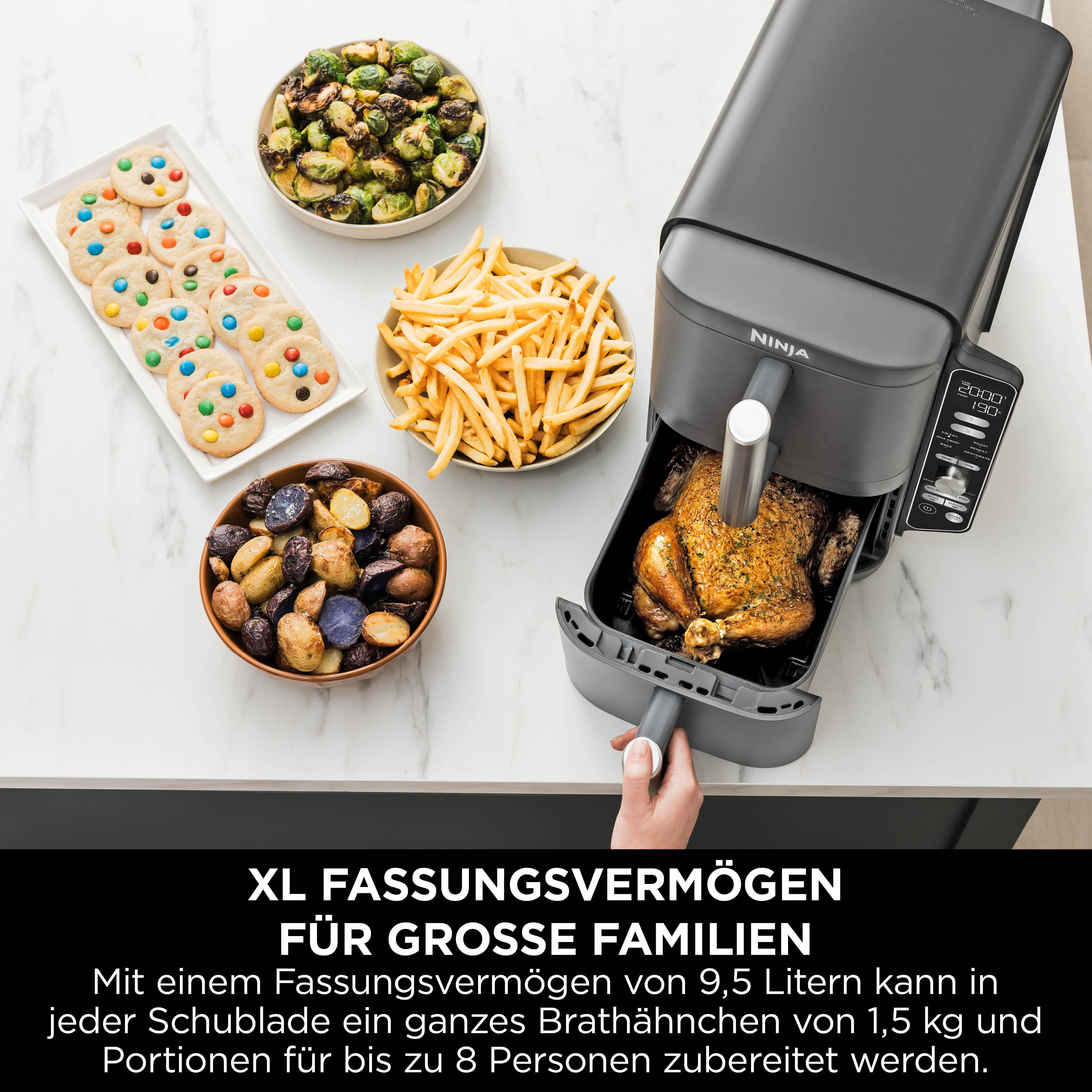 Ein Airfryer mit Brathähnchen, Pommes, Keksen und Gemüse. Text: 'XL Kapazität für große Familien'.