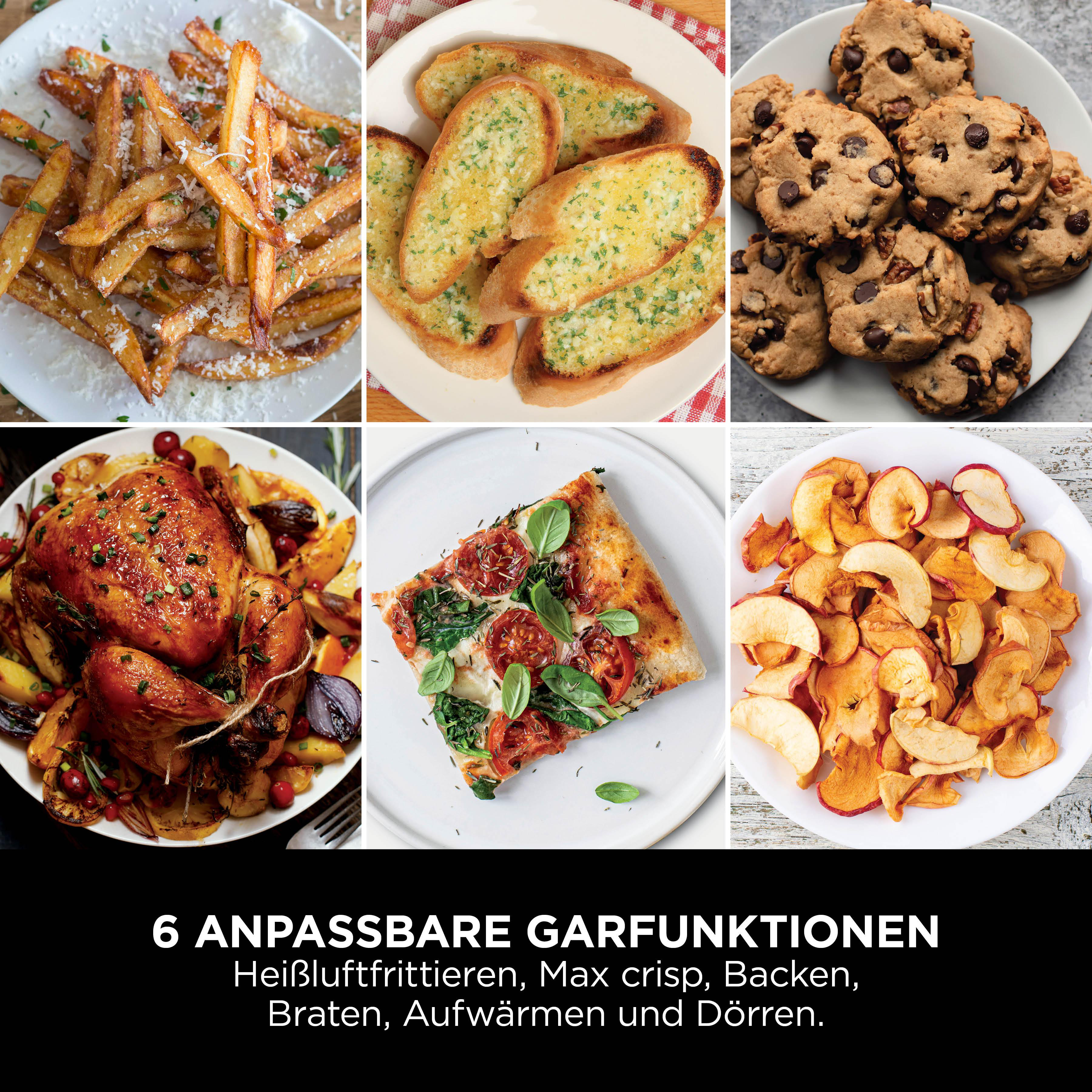 Das Bild zeigt sechs Gerichte: Pommes Frites, Knoblauchbrot, Kekse, Brathähnchen, Pizza und Apfelchips.