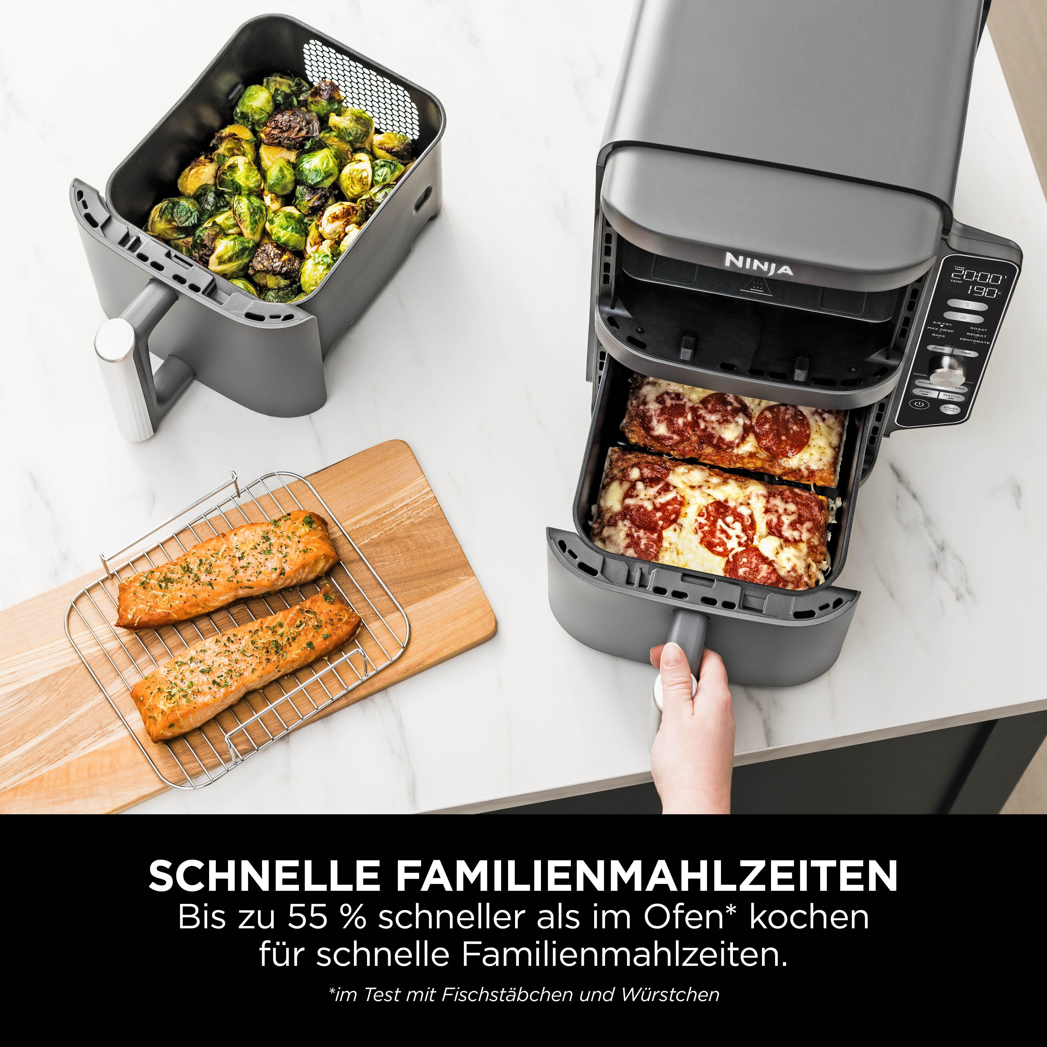 Ein Airfryer mit Essen, ein Schneidebrett mit Lachs und Text über schnelle Familienmahlzeiten.