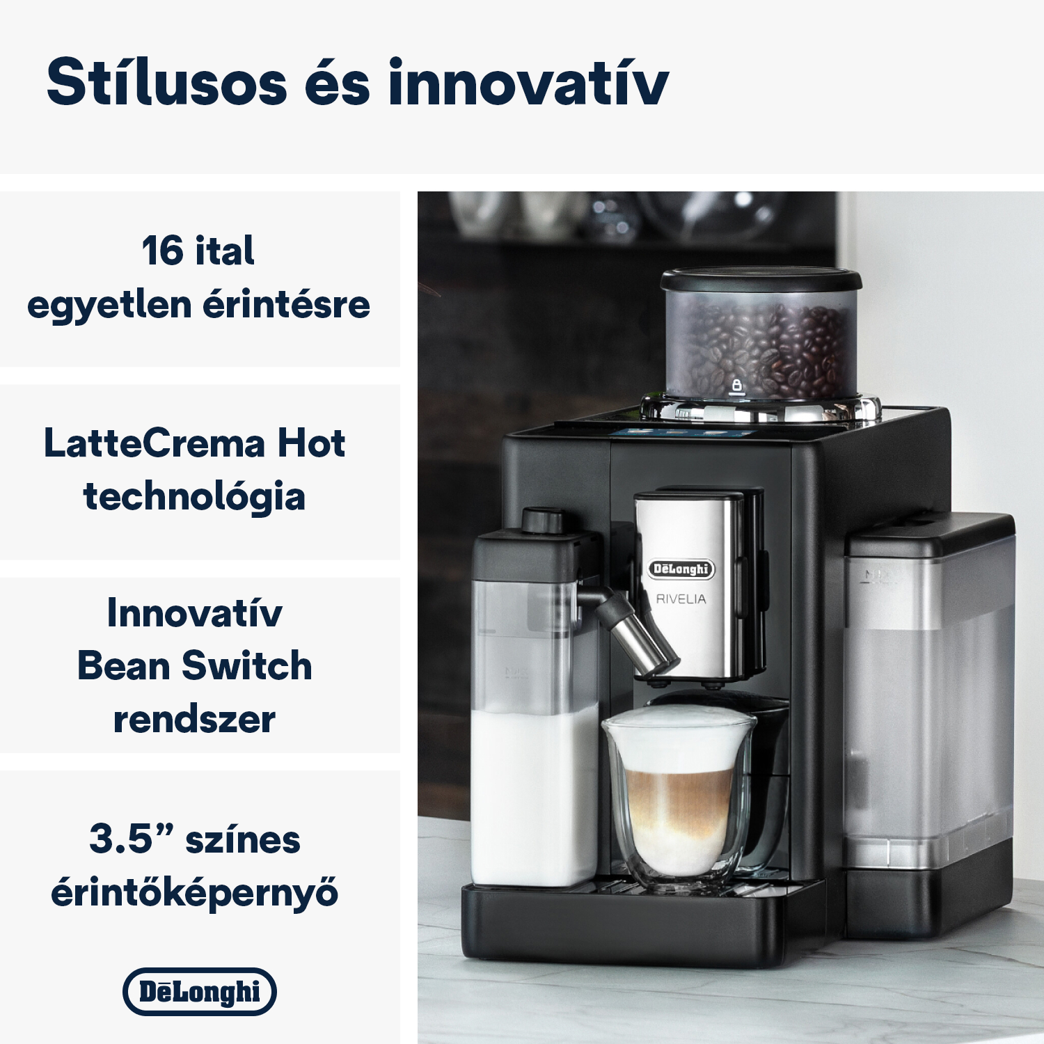 Fekete De'Longhi Rivelia eszpresszógép latte-val. Jellemzők: babtartály, tejeskanna és érintőképernyő.