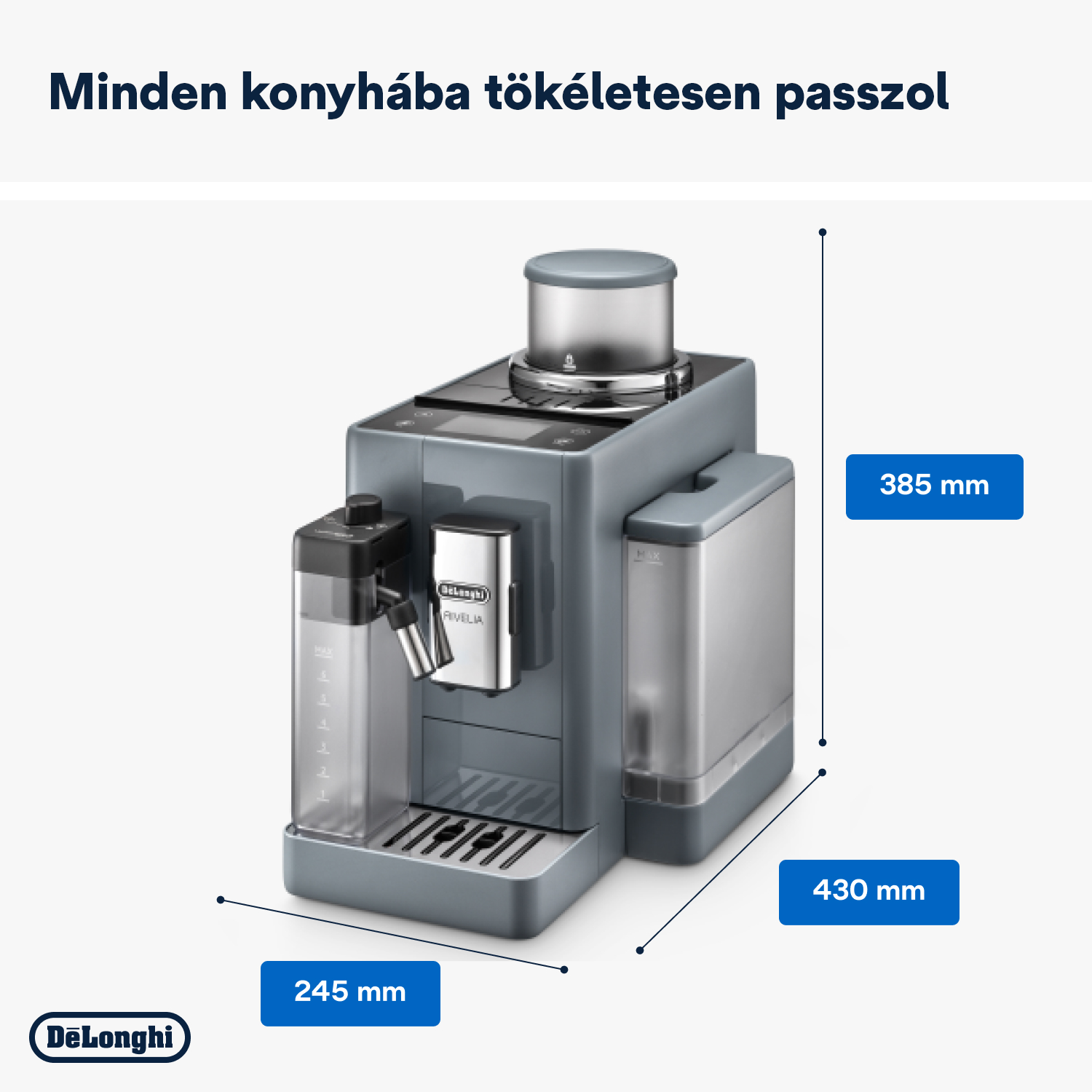 Szürke De'Longhi kávéfőző, méretekkel: 245 mm, 430 mm és 385 mm. A gép víz- és kávétartállyal rendelkezik.