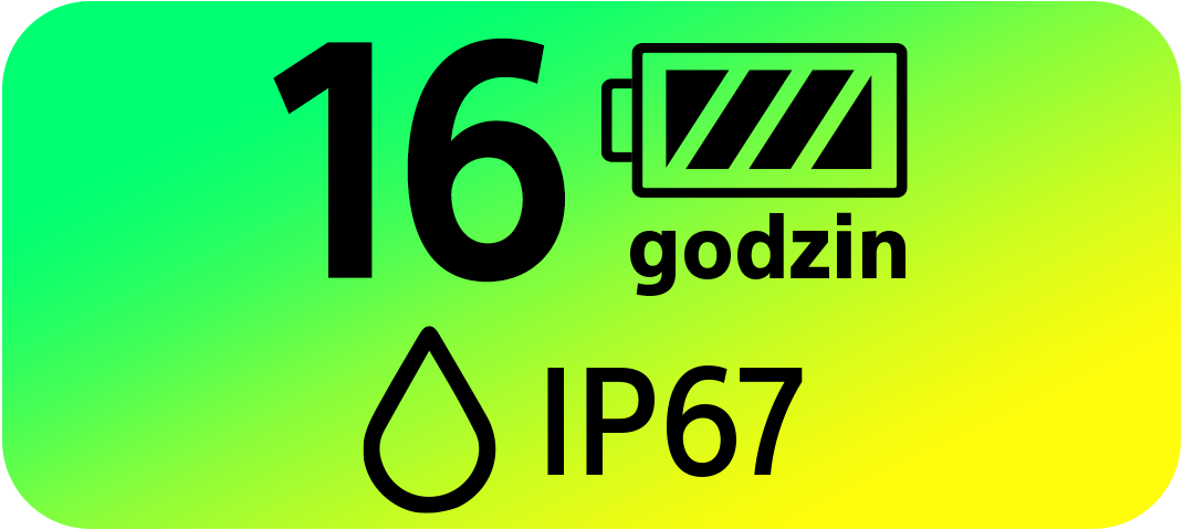 Obraz z '16 godzin', ikoną baterii, kroplą wody i 'IP67' na zielono-żółtym tle gradientowym.
