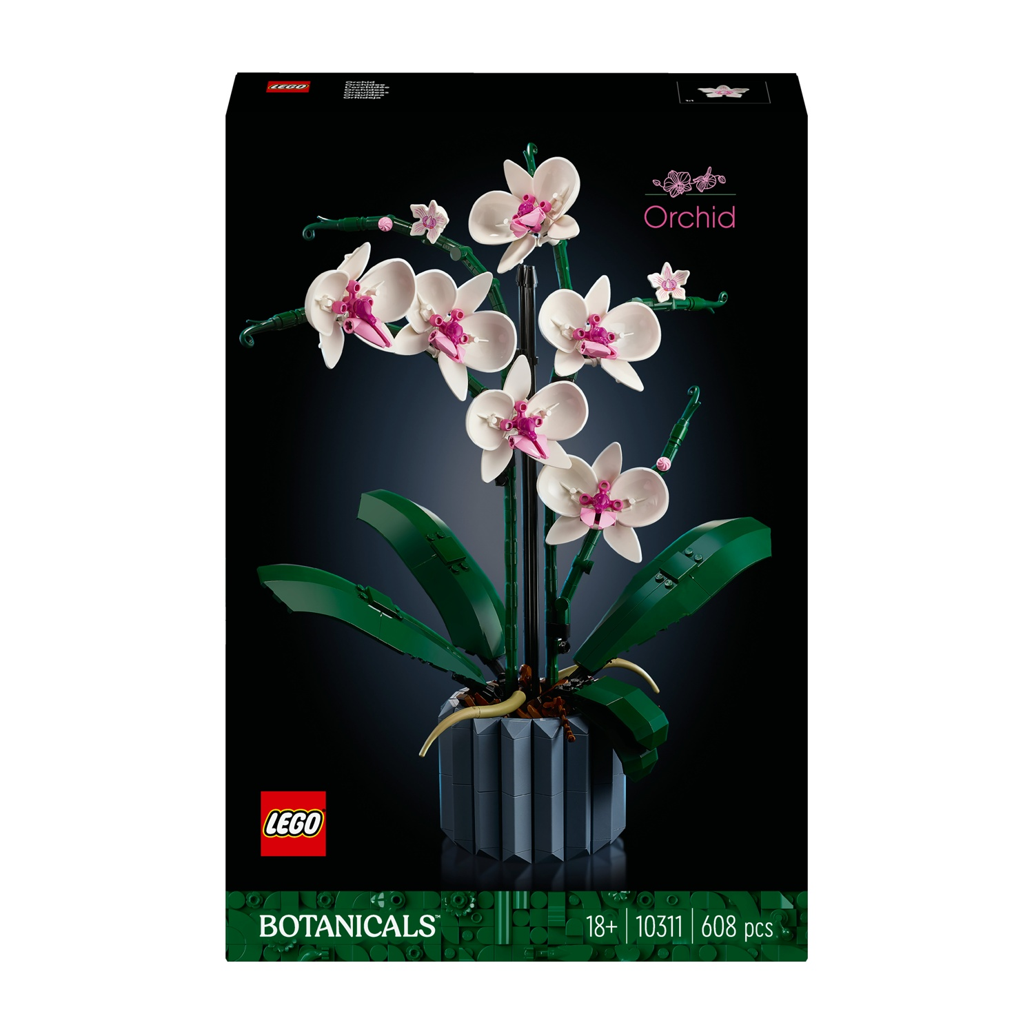 Un modello di orchidea Lego. Fiori bianchi e rosa con steli e foglie verdi in un vaso grigio. Sfondo nero con logo Lego.
