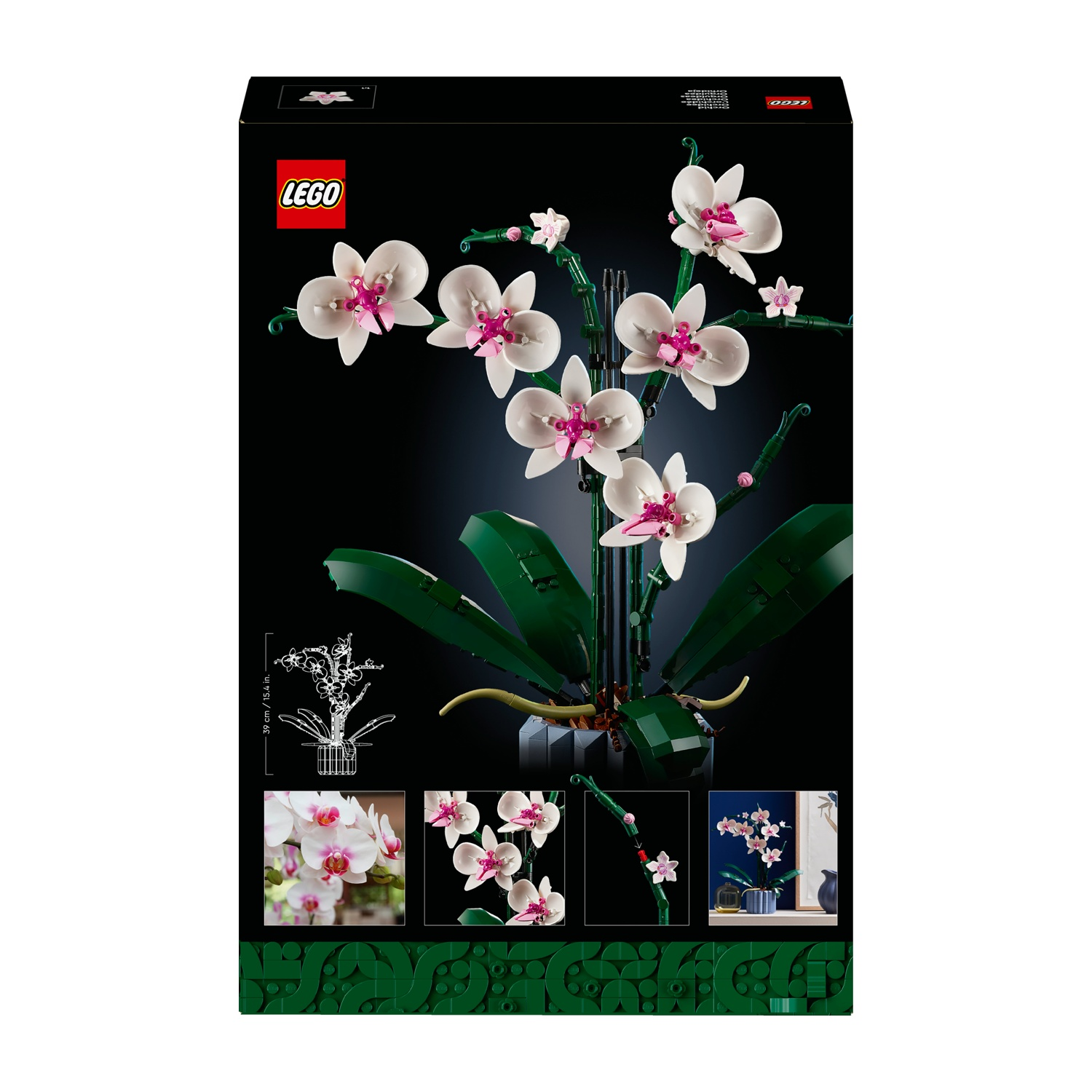 Scatola LEGO. Mostra un modello di orchidea bianca e rosa con foglie verdi. Lo sfondo è nero.