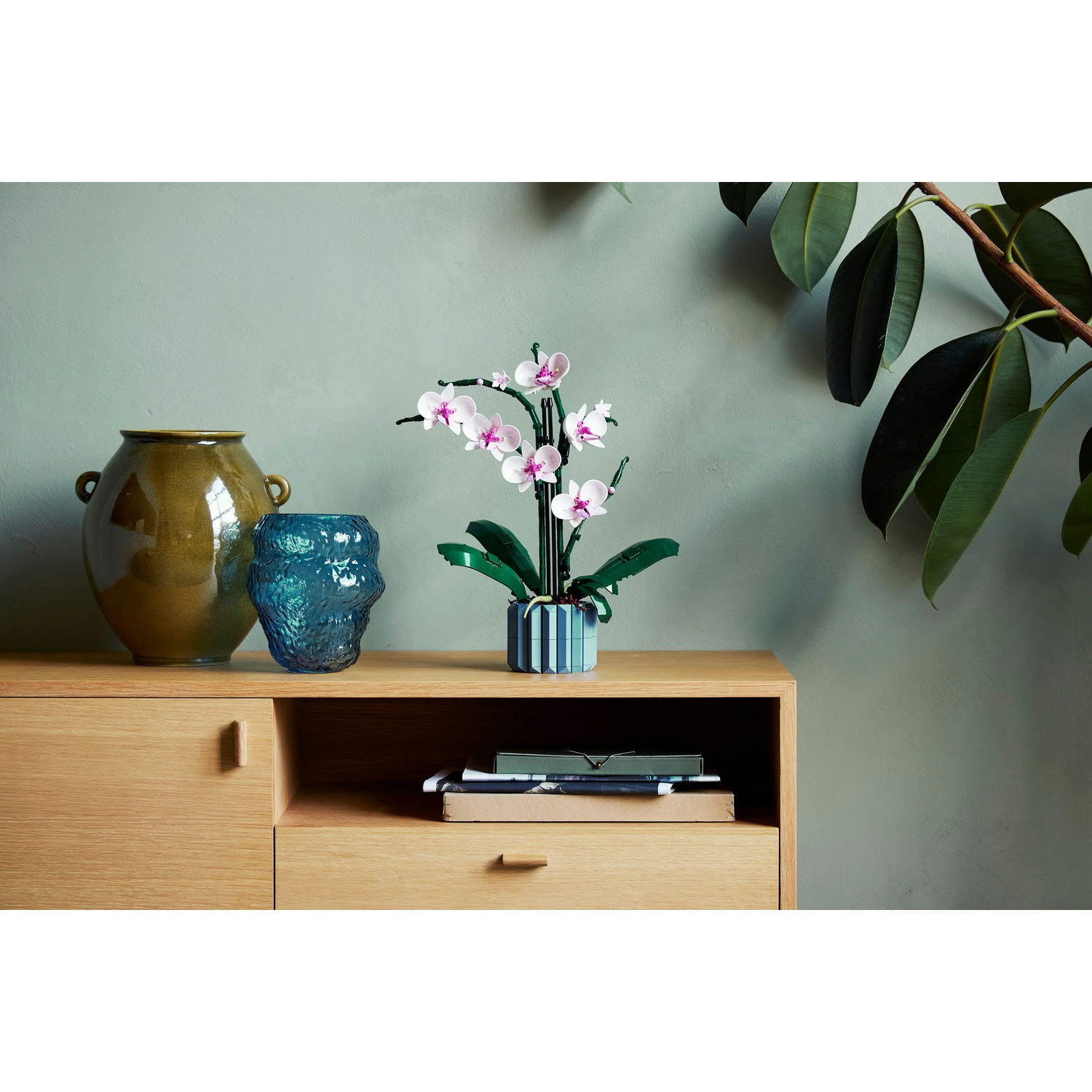 Un mobile in legno con un vaso, un vaso blu e una pianta di orchidea. Sullo sfondo c'è un muro verde con una pianta a destra.