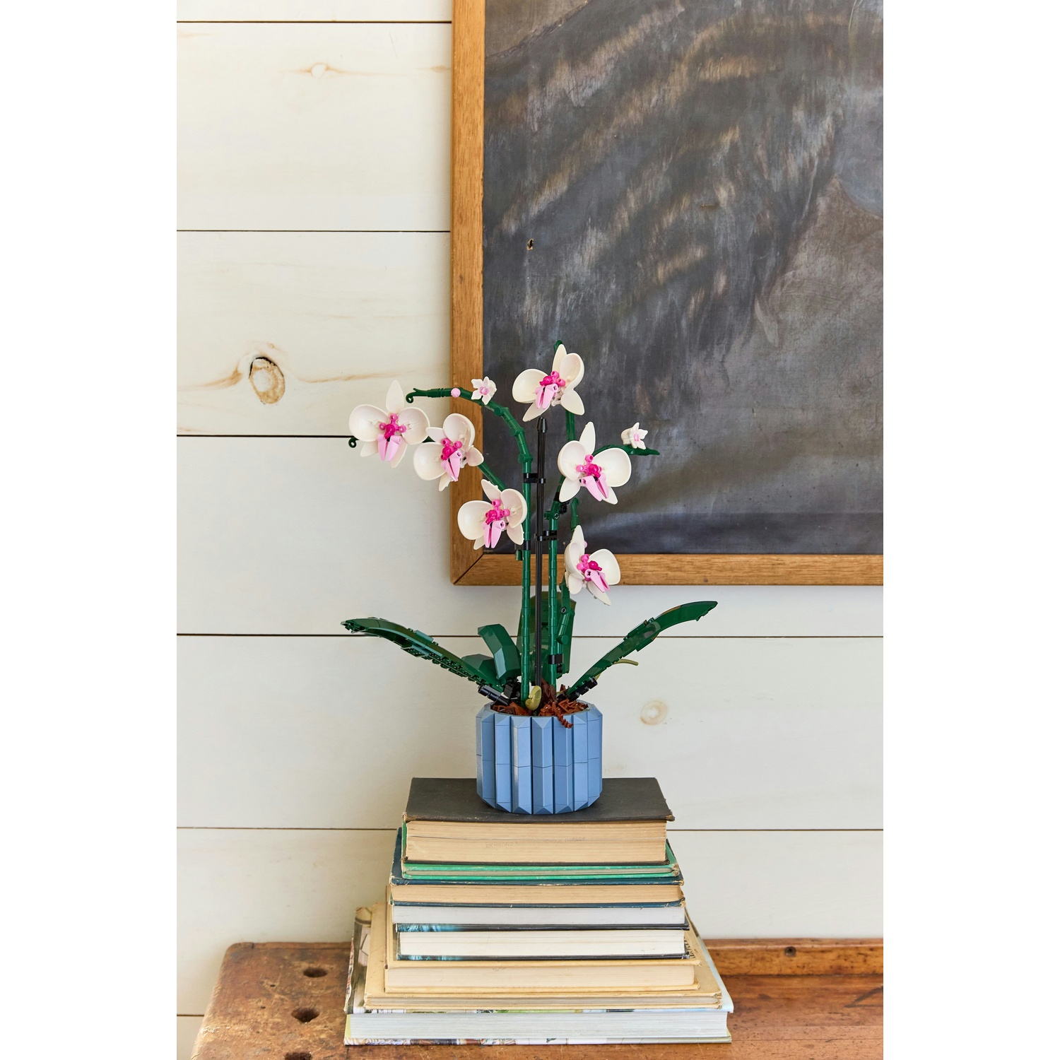 Un'orchidea Lego in vaso blu su libri. Petali bianchi con centri rosa, steli verdi e sfondo astratto incorniciato.