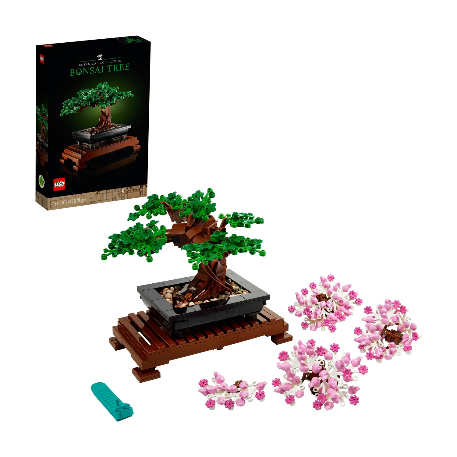 Un set Lego bonsai. Ha un tronco marrone, foglie verdi, fiori rosa, un vaso nero e un supporto marrone. È presente anche una scatola.