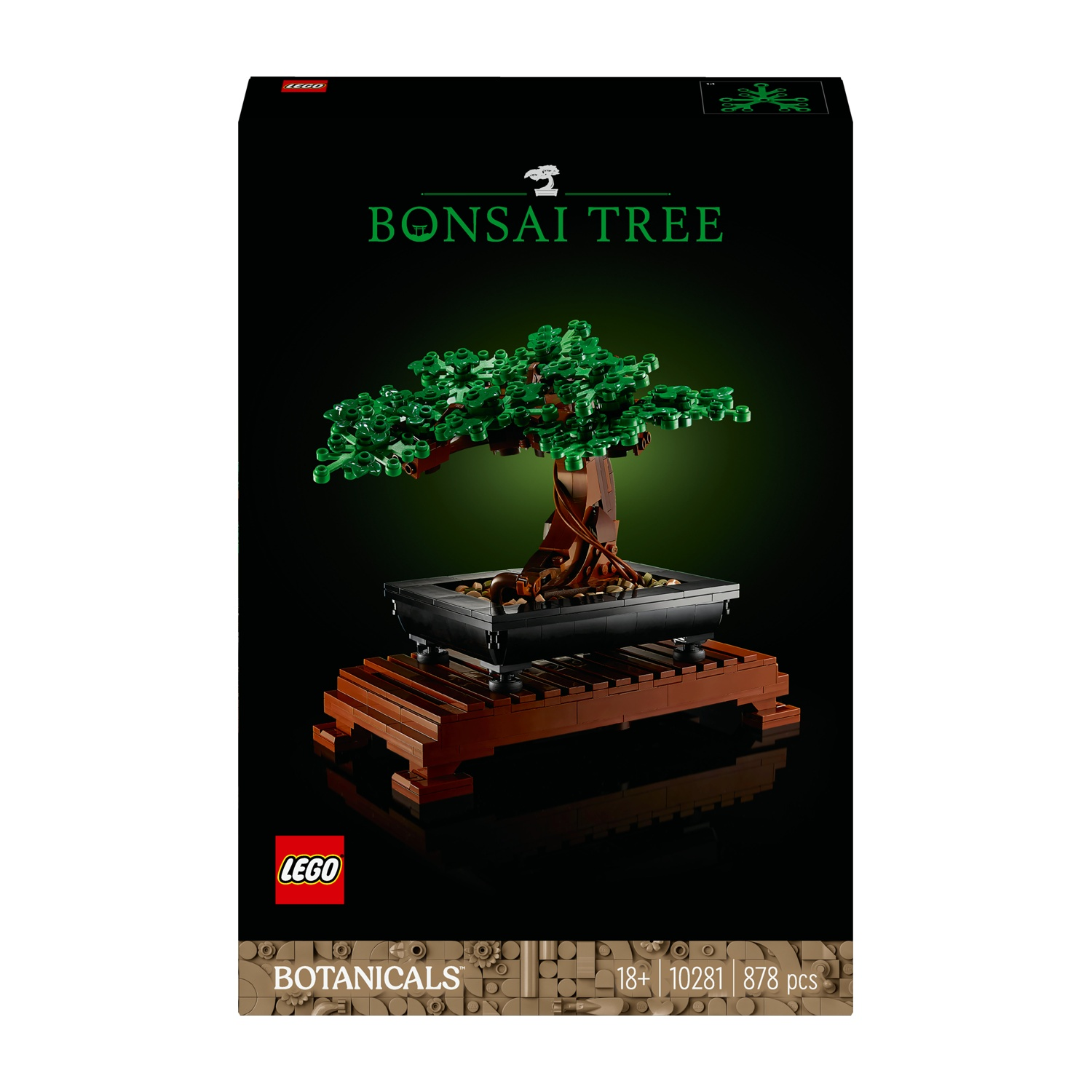 Una scatola Lego Bonsai Tree, con un albero dalle foglie verdi in un vaso nero su un supporto di legno. Lo sfondo è nero.