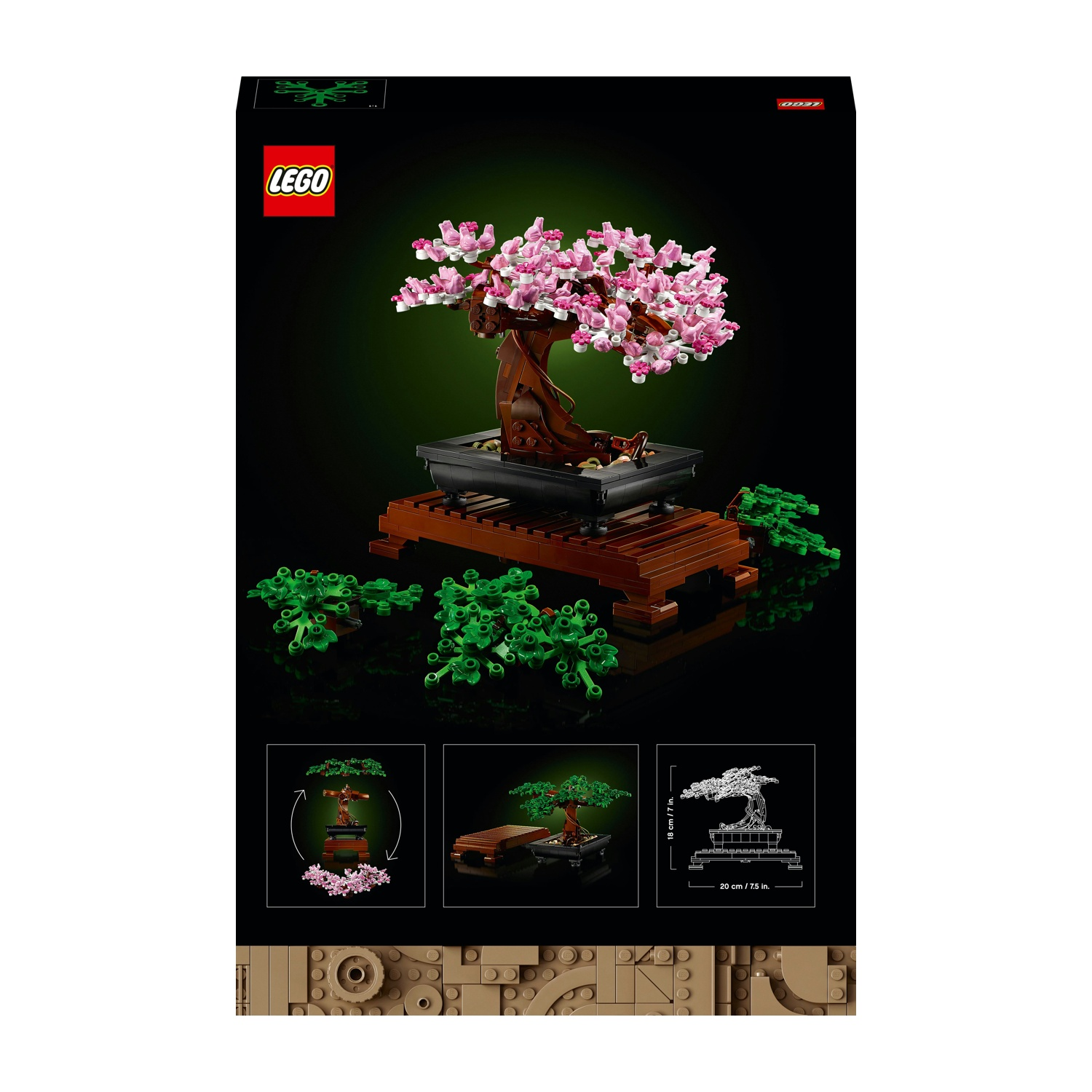 Scatola del set bonsai LEGO. Il set presenta un albero bonsai marrone con fiori rosa e bianchi, un vaso nero e un supporto in legno.