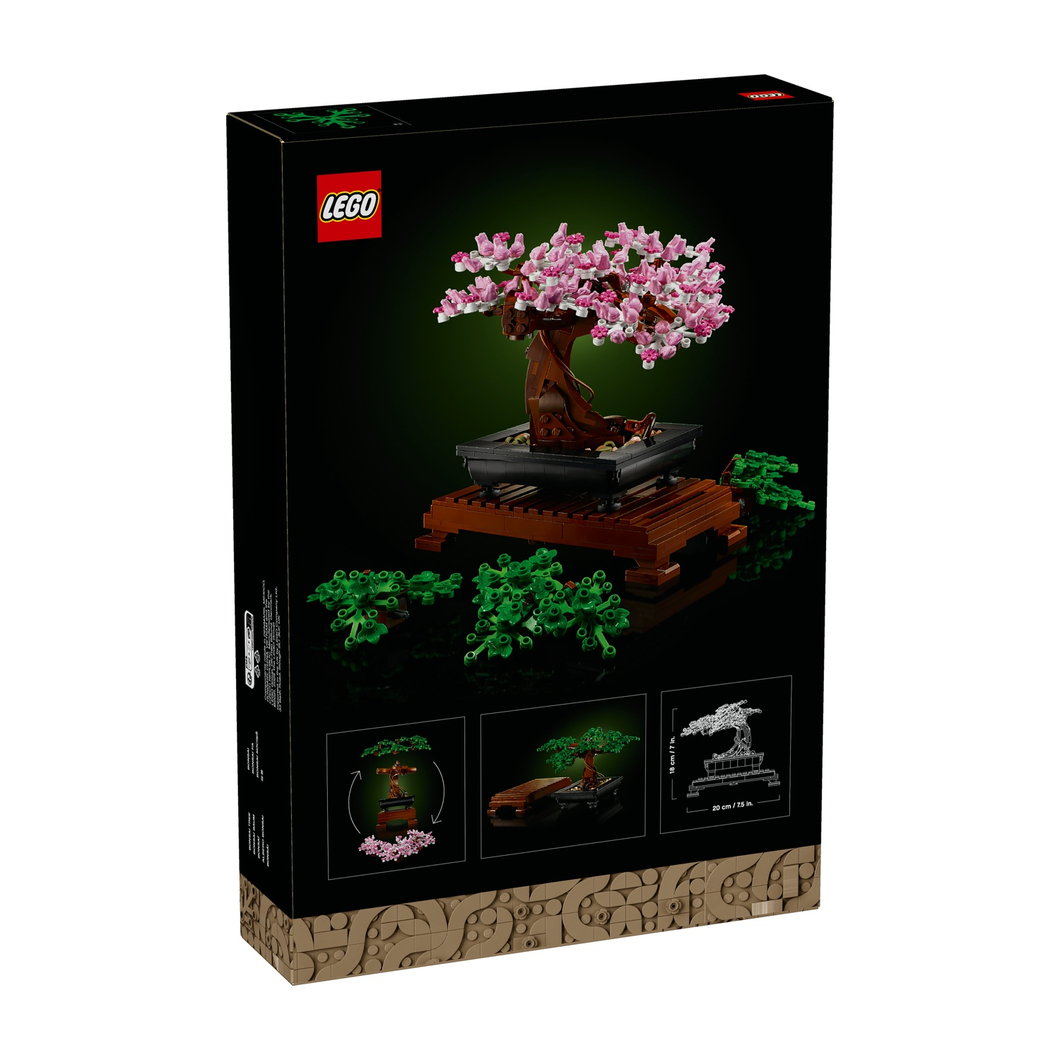 Il retro di una scatola LEGO con un modello di albero bonsai. È su un supporto, con fiori rosa e foglie verdi. La scatola è nera.