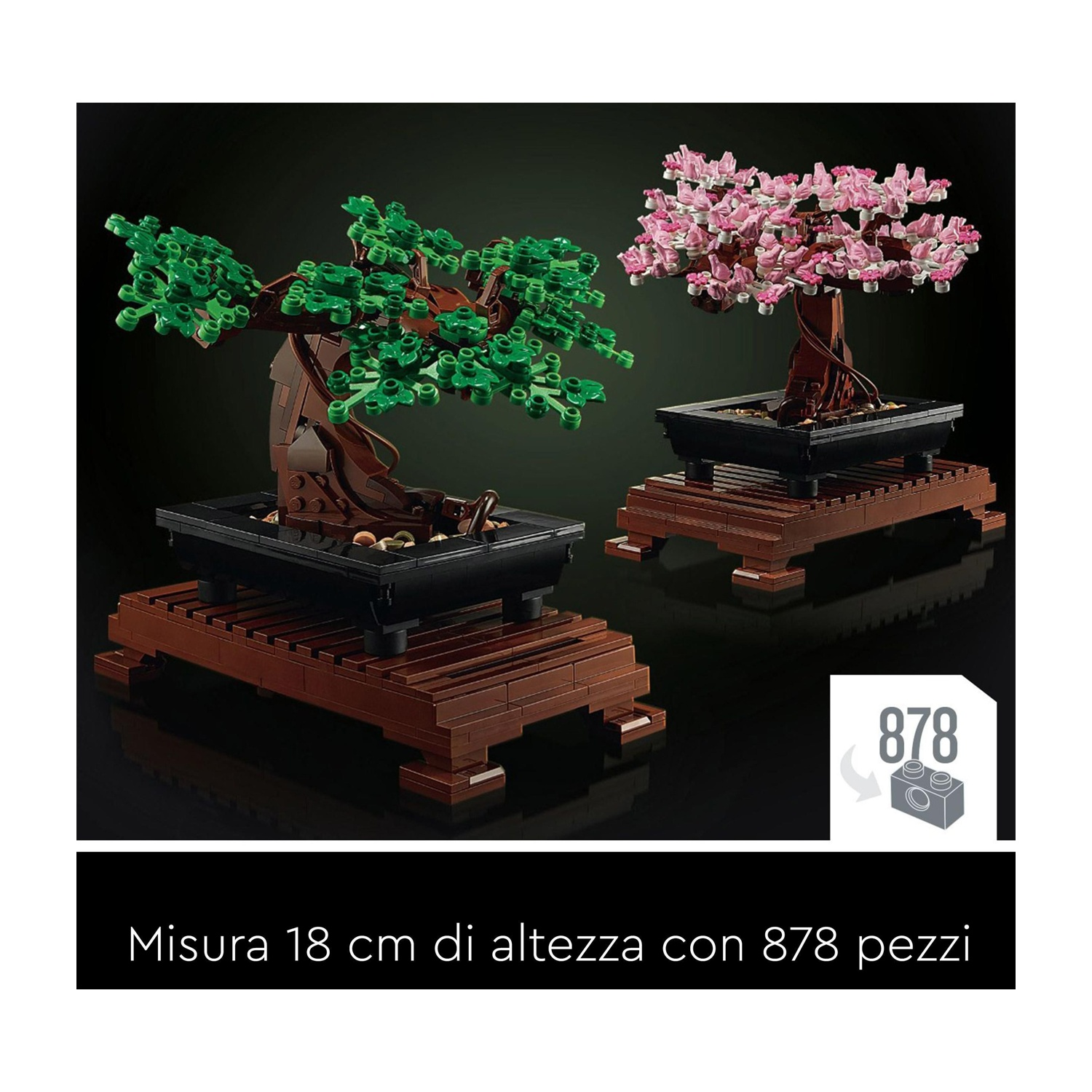 Due alberi bonsai Lego, uno verde e uno rosa. Entrambi sono in vasi neri su supporti marroni. Vengono utilizzati 878 pezzi.